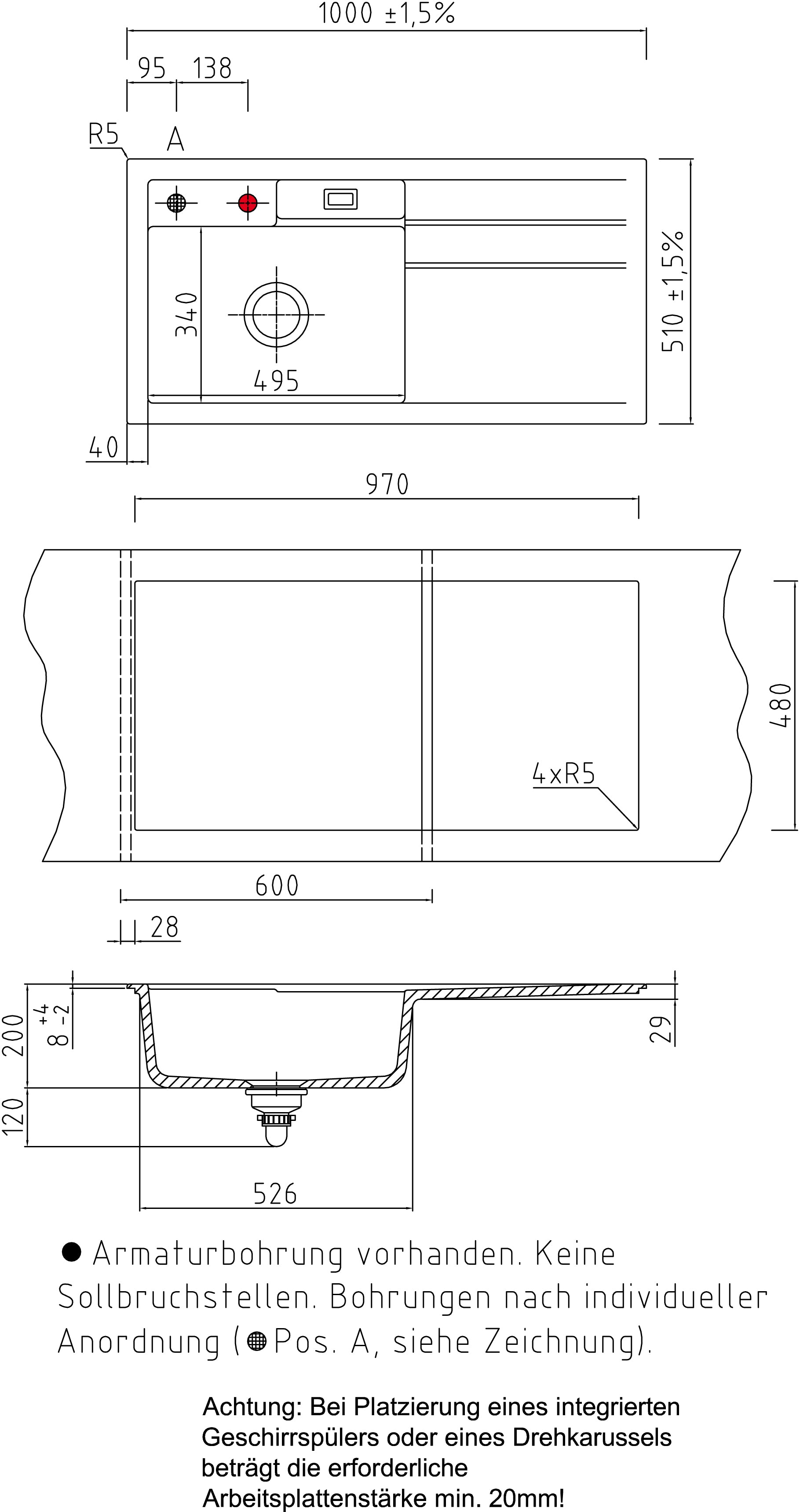 SYSTEMCERAM Einbauspüle Bela 100 Be. Li. Nigra 87 inkl. Excenterbetätigung, für 60 cm Schrankbreite, Einbauspüle Auflage Becken links 50210287