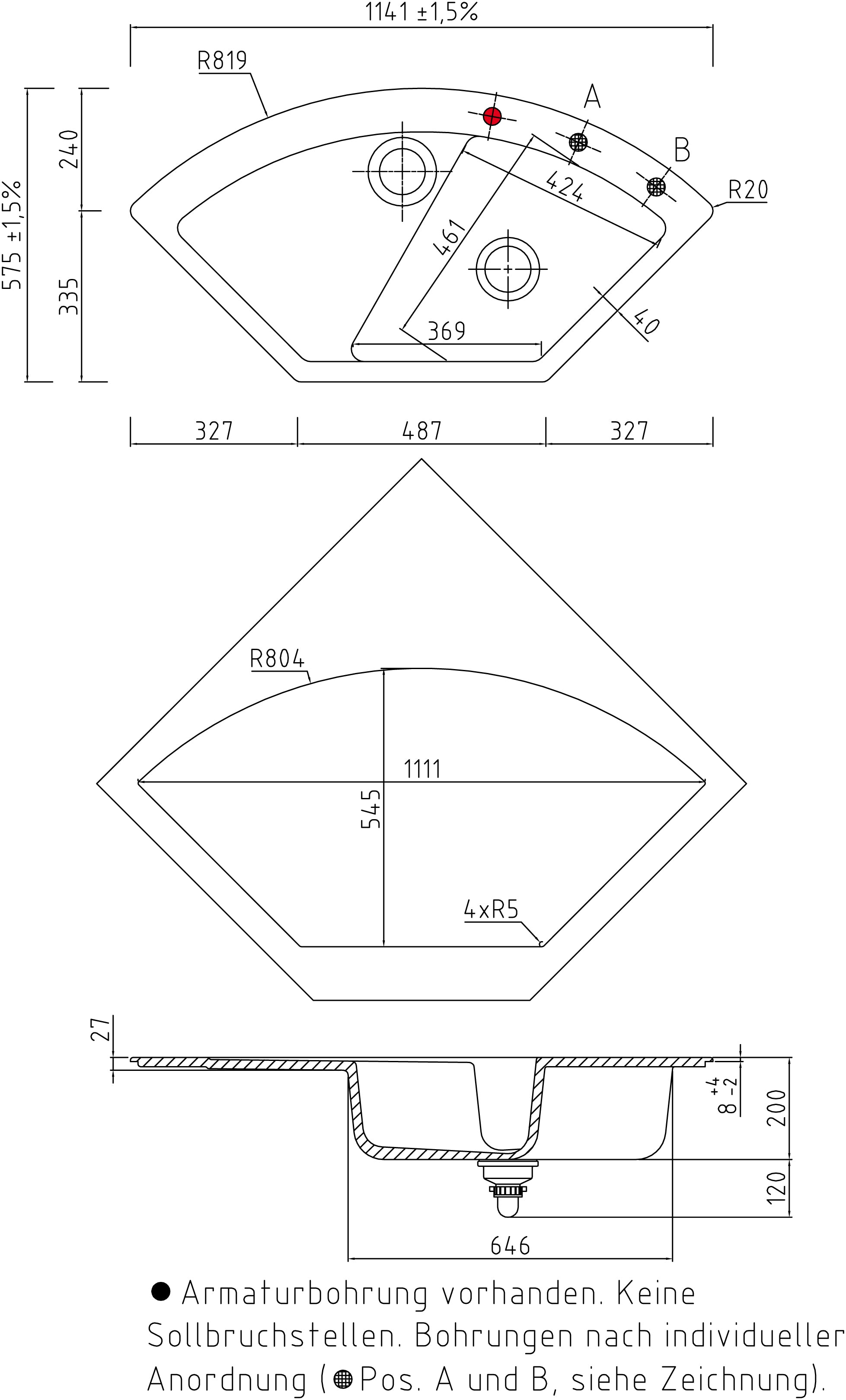 SYSTEMCERAM Einbauspüle Mera Eck Jasmin 19 inkl. Excenterbetätigung, für 90 cm Schrankbreite, Einbauspüle mit Sinktop Resteausguss Auflage keine Beckenlage 50510219