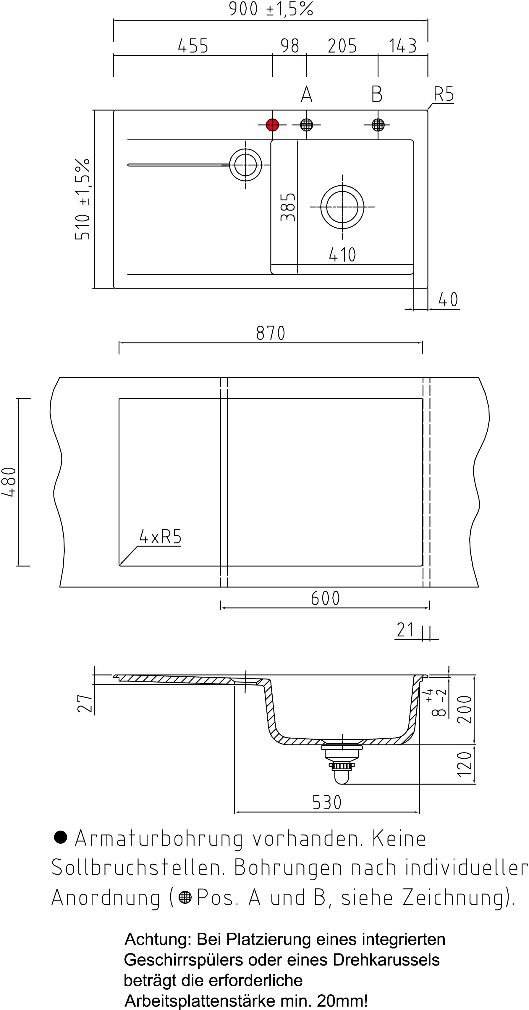 SYSTEMCERAM Einbauspüle Stema 90 Be. Re. Lava 80 inkl. Excenterbetätigung, für 60 cm Schrankbreite, Einbauspüle mit Sinktop Resteausguss Auflage Becken rechts 50520280