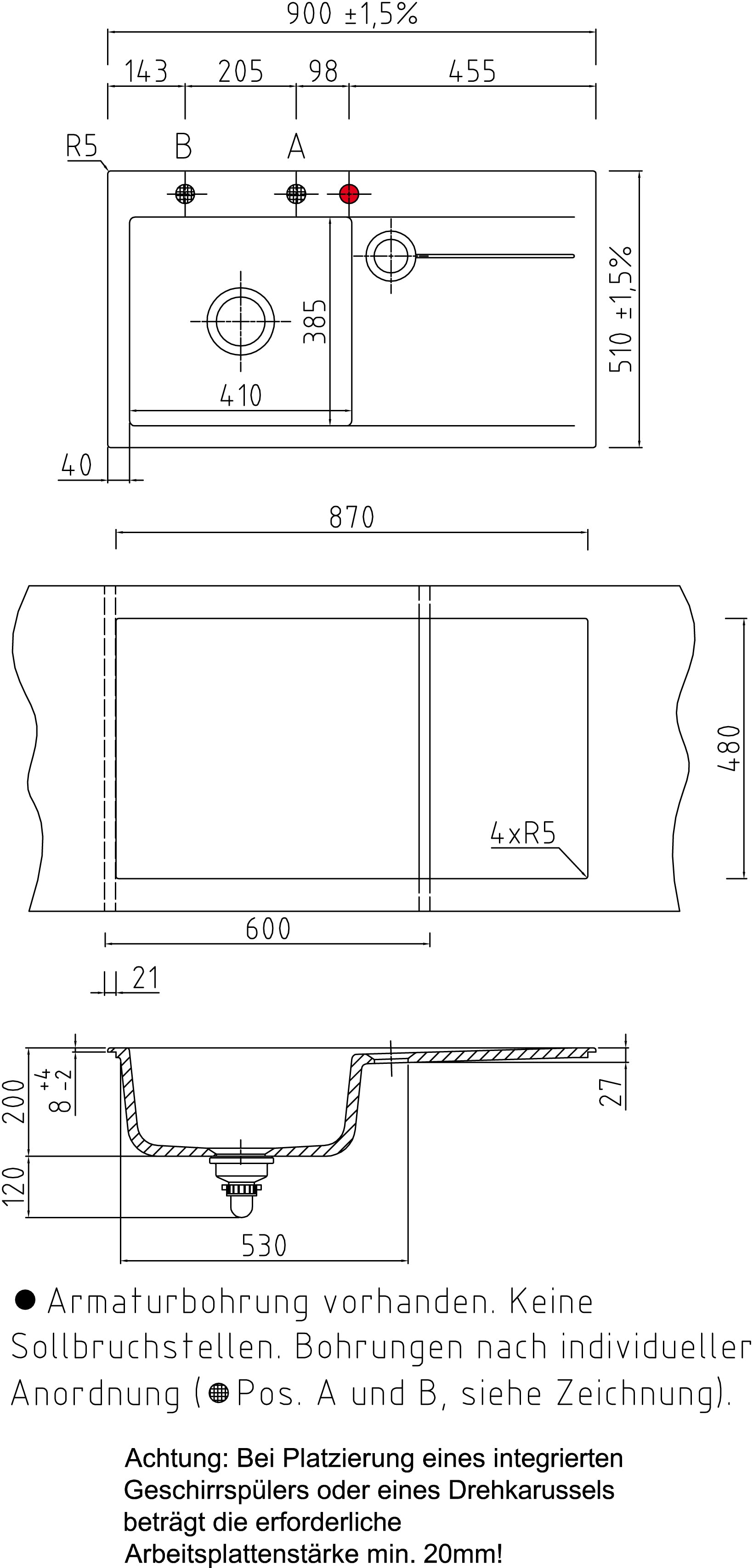 SYSTEMCERAM Einbauspüle Stema 90 Be. Li. Eibe 56 inkl. Handbetätigung, für 60 cm Schrankbreite, Einbauspüle mit Sinktop Resteausguss Auflage Becken links 50530156