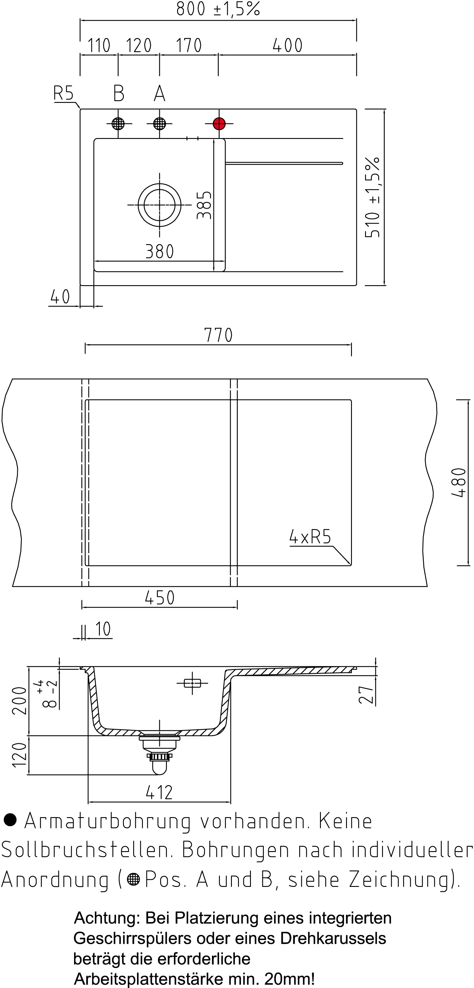 SYSTEMCERAM Einbauspüle Stema 80 Be. Li. Nero 68 inkl. Excenterbetätigung, für 45 cm Schrankbreite, Einbauspüle Auflage Becken links 50550268