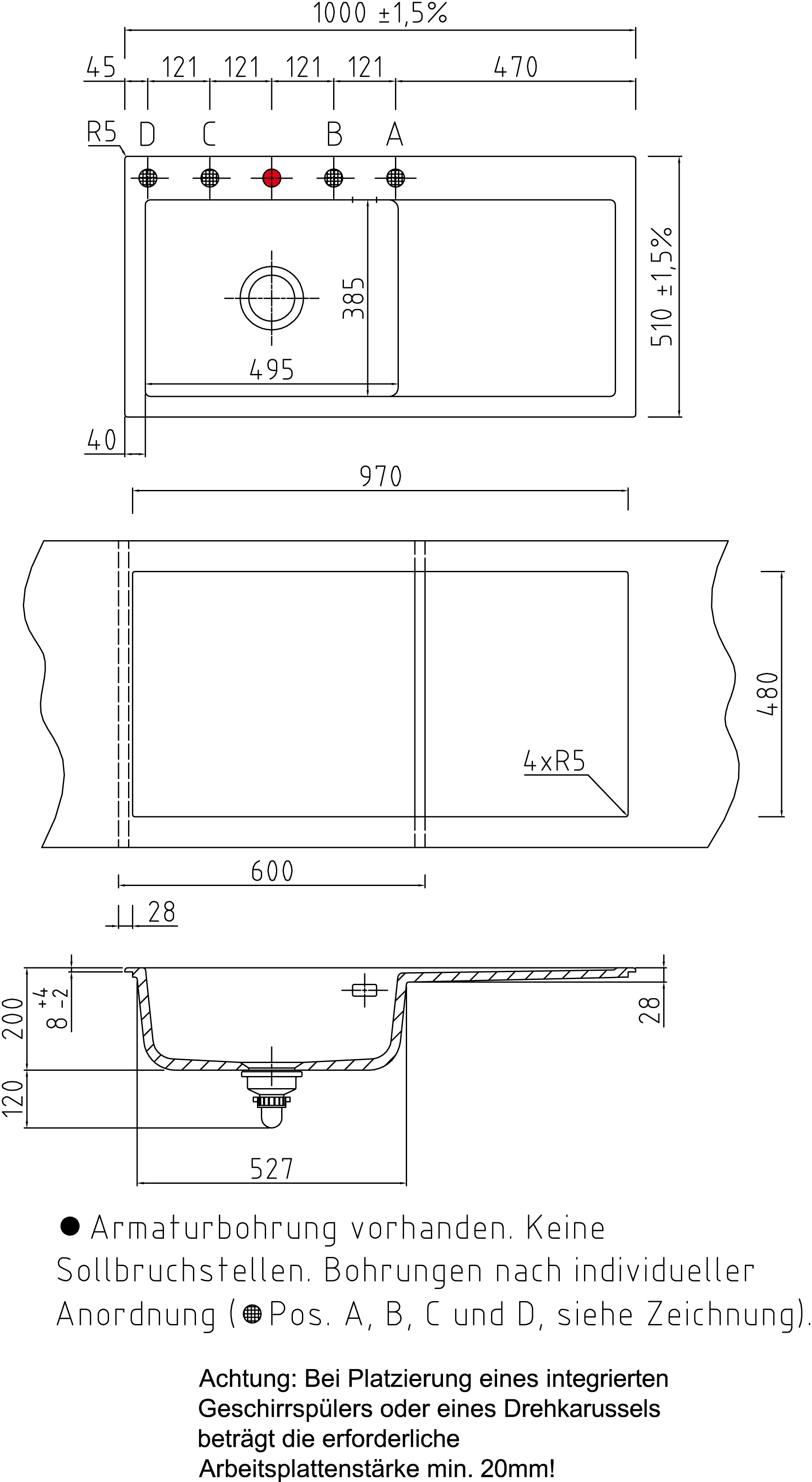 SYSTEMCERAM Einbauspüle Mera 100 SL Be. Li. Jasmin 19 inkl. Handbetätigung, für 60 cm Schrankbreite, Einbauspüle Auflage Becken links 50650119