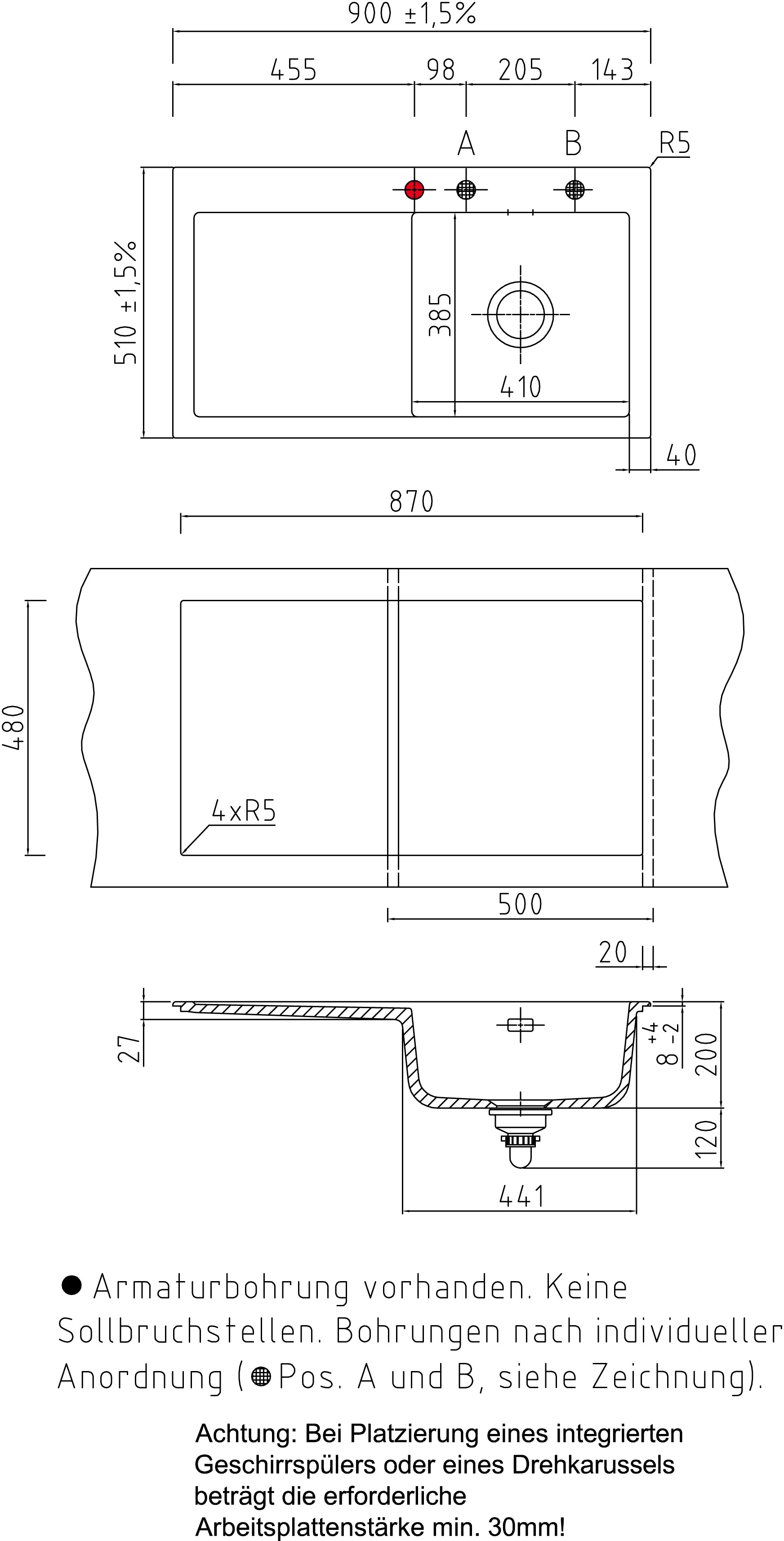 SYSTEMCERAM Einbauspüle Mera 90 Be. Re. Eibe 56 inkl. Excenterbetätigung, für 50 cm Schrankbreite, Einbauspüle Auflage Becken rechts 50740256