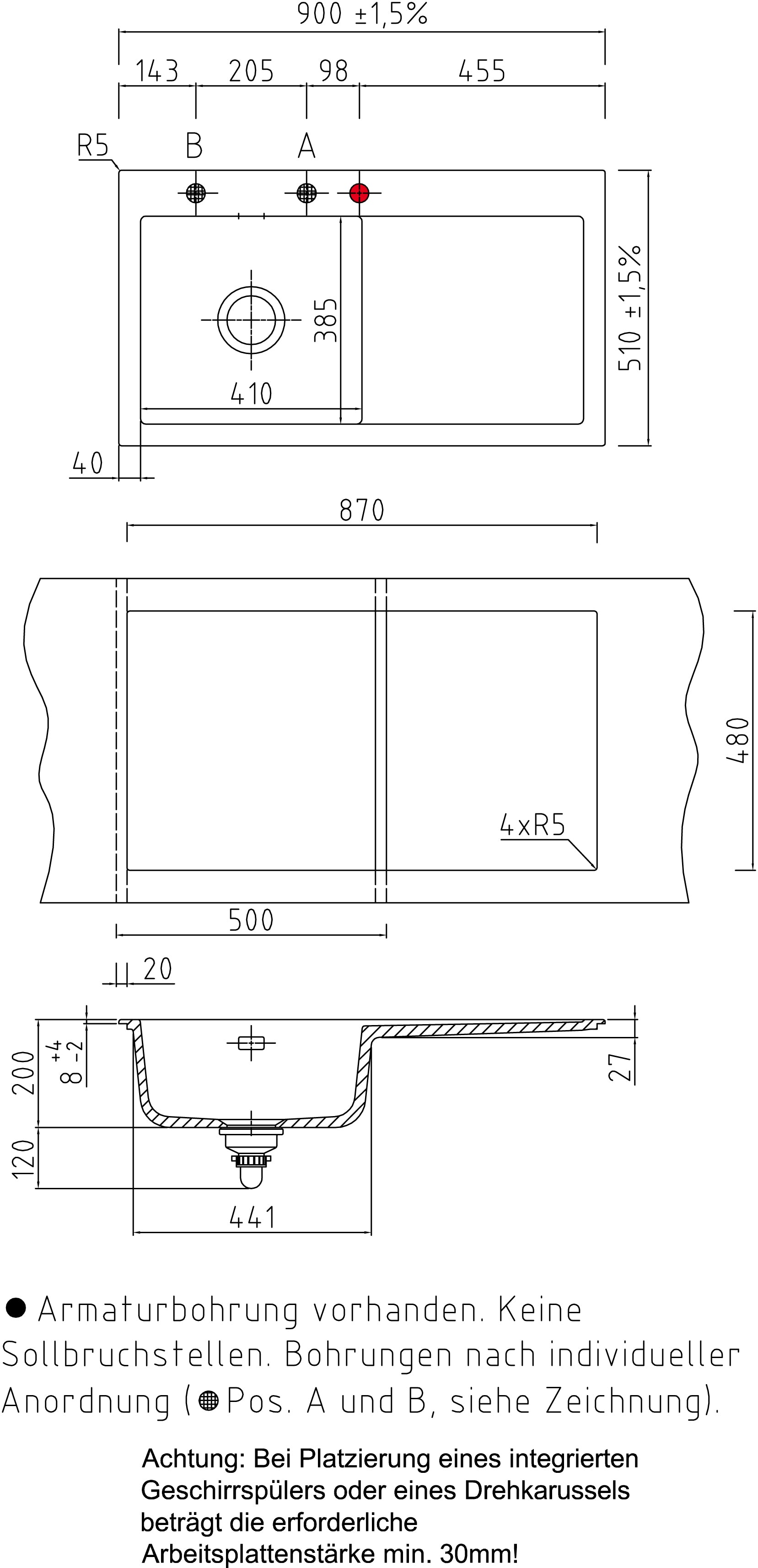 SYSTEMCERAM Einbauspüle Mera 90 Be. Li. Satin 20 inkl. Handbetätigung, für 50 cm Schrankbreite, Einbauspüle Auflage Becken links 50750120