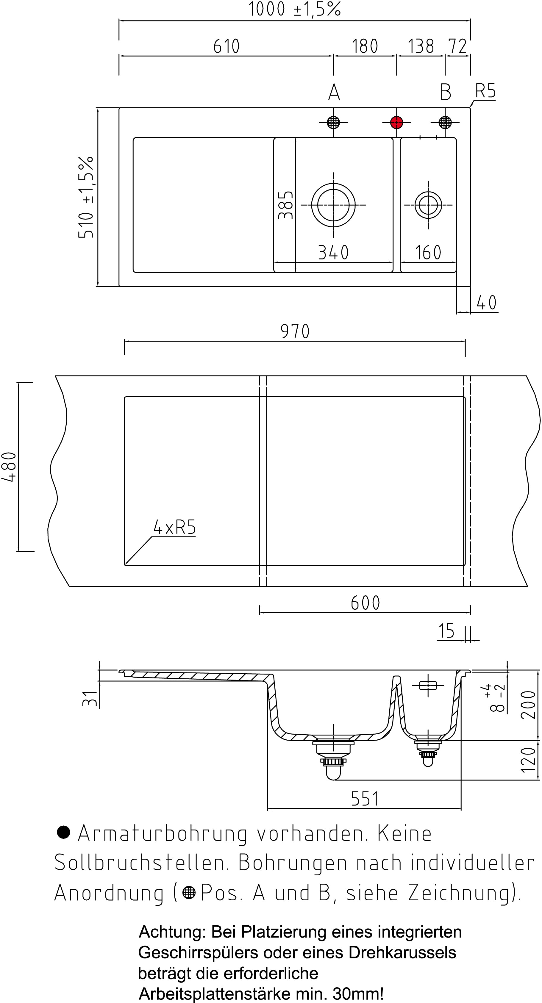 SYSTEMCERAM Einbauspüle Mera 100 Be. Re. Grönland 12 inkl. Excenterbetätigung, für 60 cm Schrankbreite, Einbauspüle Auflage Becken rechts 50760212
