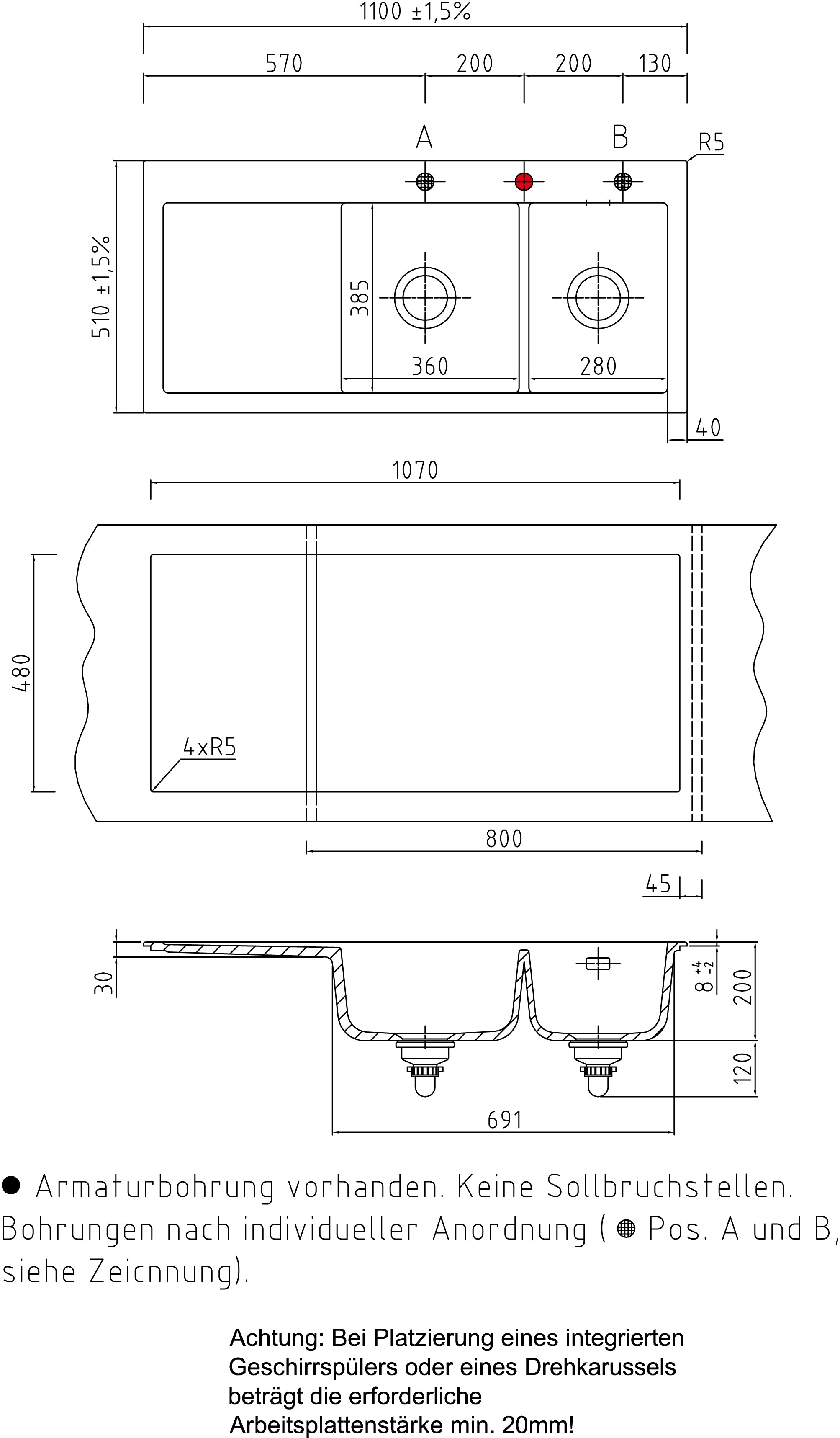 SYSTEMCERAM Einbauspüle Mera Double Be. Re. Eibe 56 inkl. Excenterbetätigung, für 80 cm Schrankbreite, Einbauspüle Auflage Becken rechts 50780256