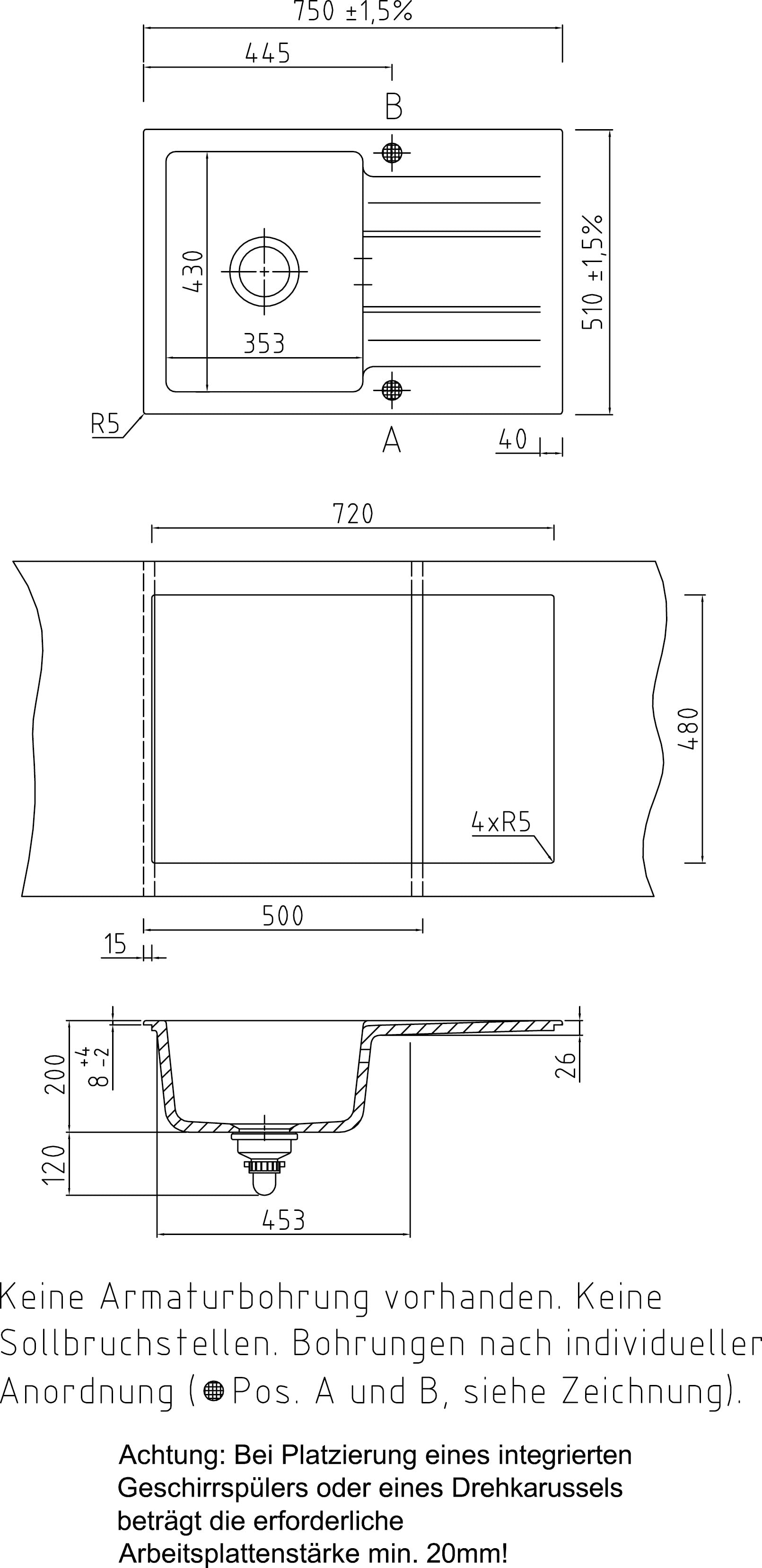 SYSTEMCERAM Einbauspüle Genea 75 Magnolie 10 inkl. Excenterbetätigung, für 50 cm Schrankbreite, reversibel einsetzbar, Einbauspüle Auflage reversibel 50900210