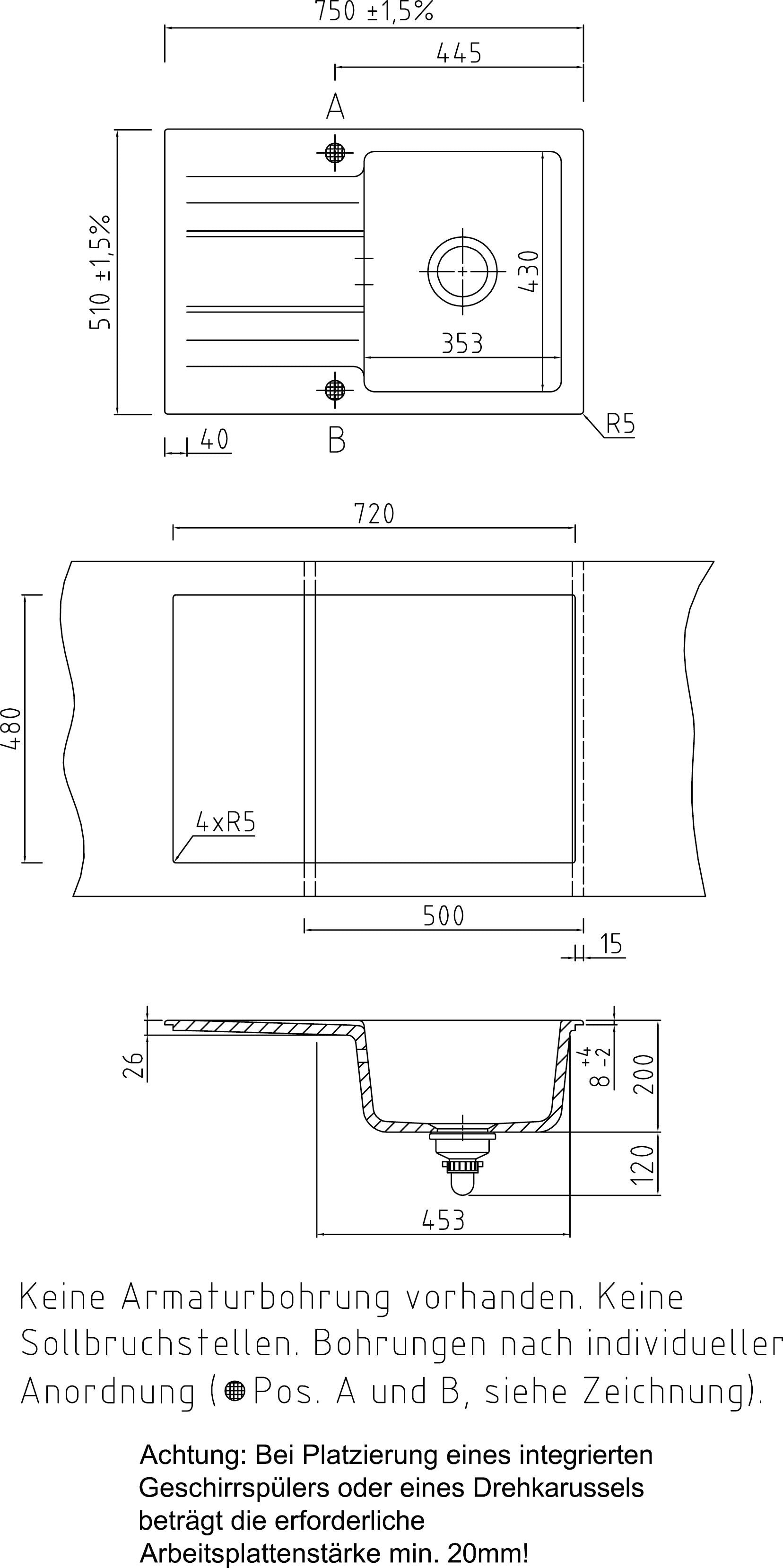 SYSTEMCERAM Einbauspüle Genea 75 Magnolie 10 inkl. Excenterbetätigung, für 50 cm Schrankbreite, reversibel einsetzbar, Einbauspüle Auflage reversibel 50900210