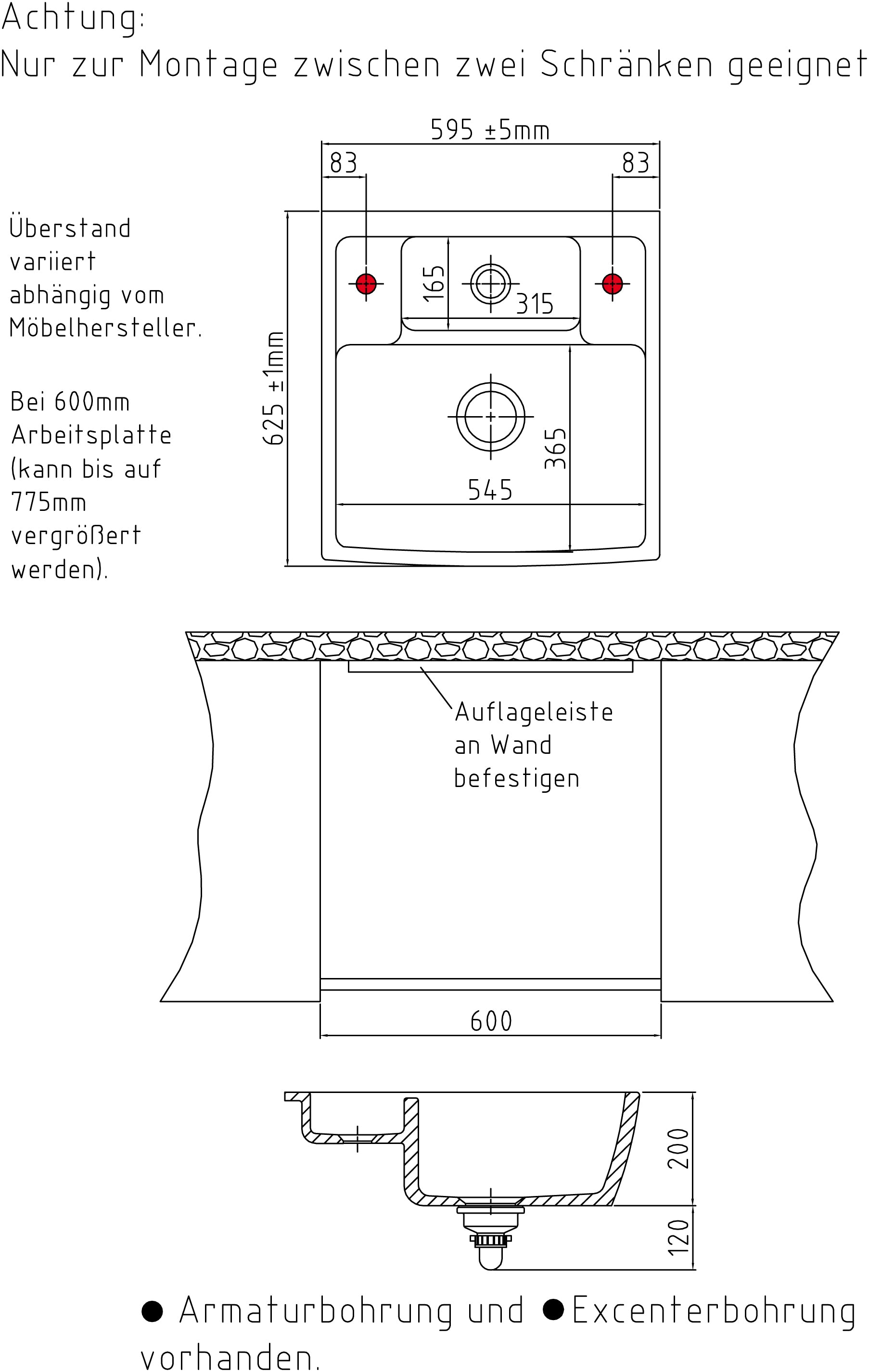 SYSTEMCERAM Einbauspüle Centra 60 Satin 20 inkl. Excenterbetätigung, für 60 cm Schrankbreite, Einbauspüle Auflage keine Beckenlage 50930220