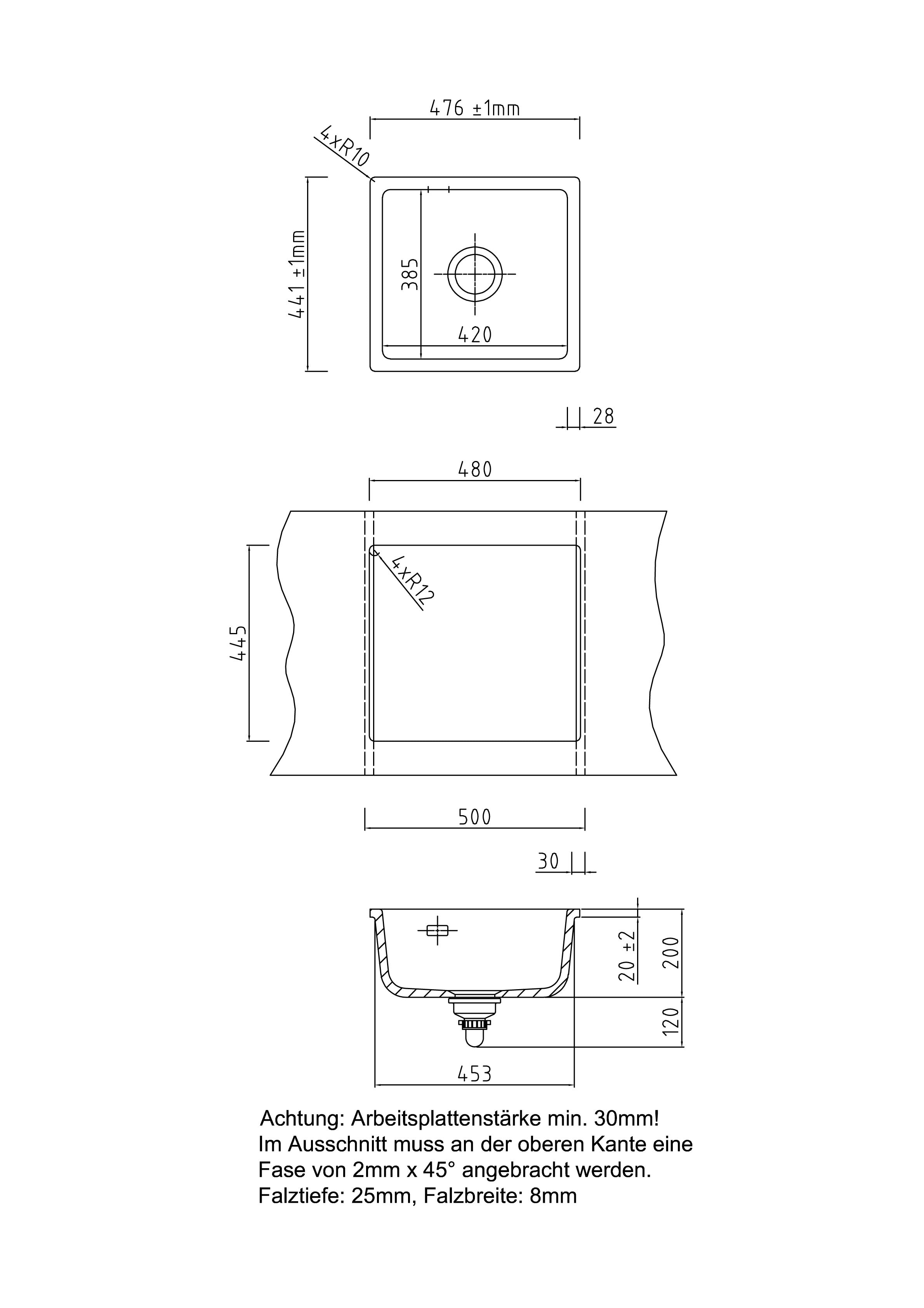 SYSTEMCERAM Einbauspüle Mera 51 F/o Satin 20 inkl. Handbetätigung, für 50 cm Schrankbreite, Spüle zum flächenbündigen Einbau ohne Hahnlochbank, inkl. 4 x Eckradien R 10 Flächenbündig keine Beckenlage 51010120