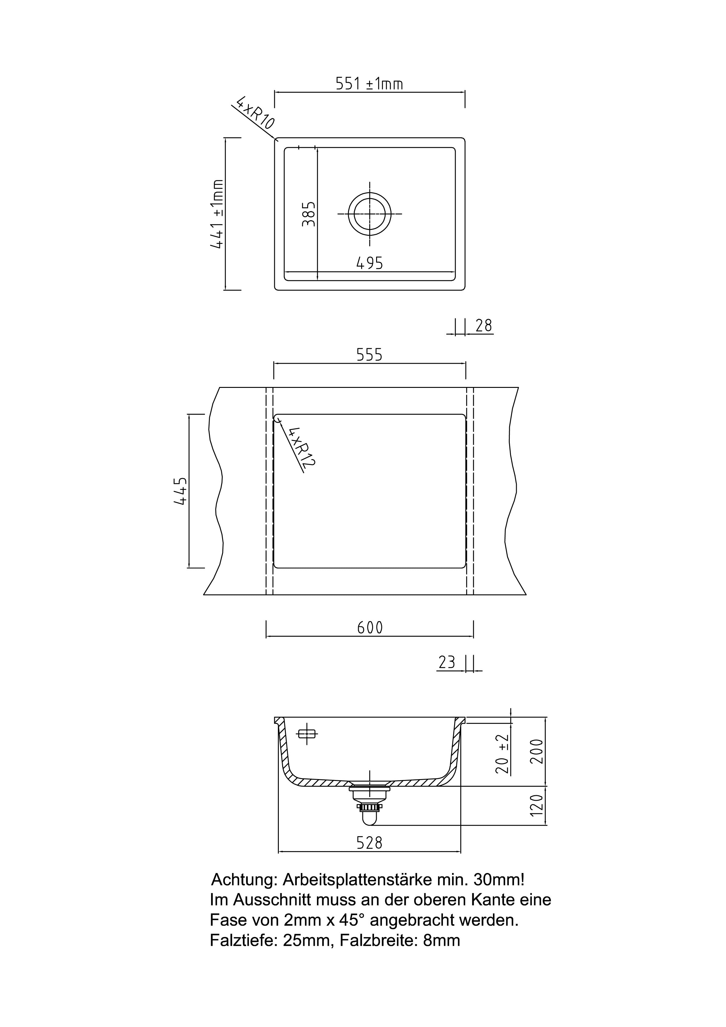 SYSTEMCERAM Einbauspüle Mera 57 F/o Grönland 12 inkl. Handbetätigung, für 60 cm Schrankbreite, Spüle zum flächenbündigen Einbau ohne Hahnlochbank, inkl. 4 x Eckradien R 10 Flächenbündig keine Beckenlage 51570112