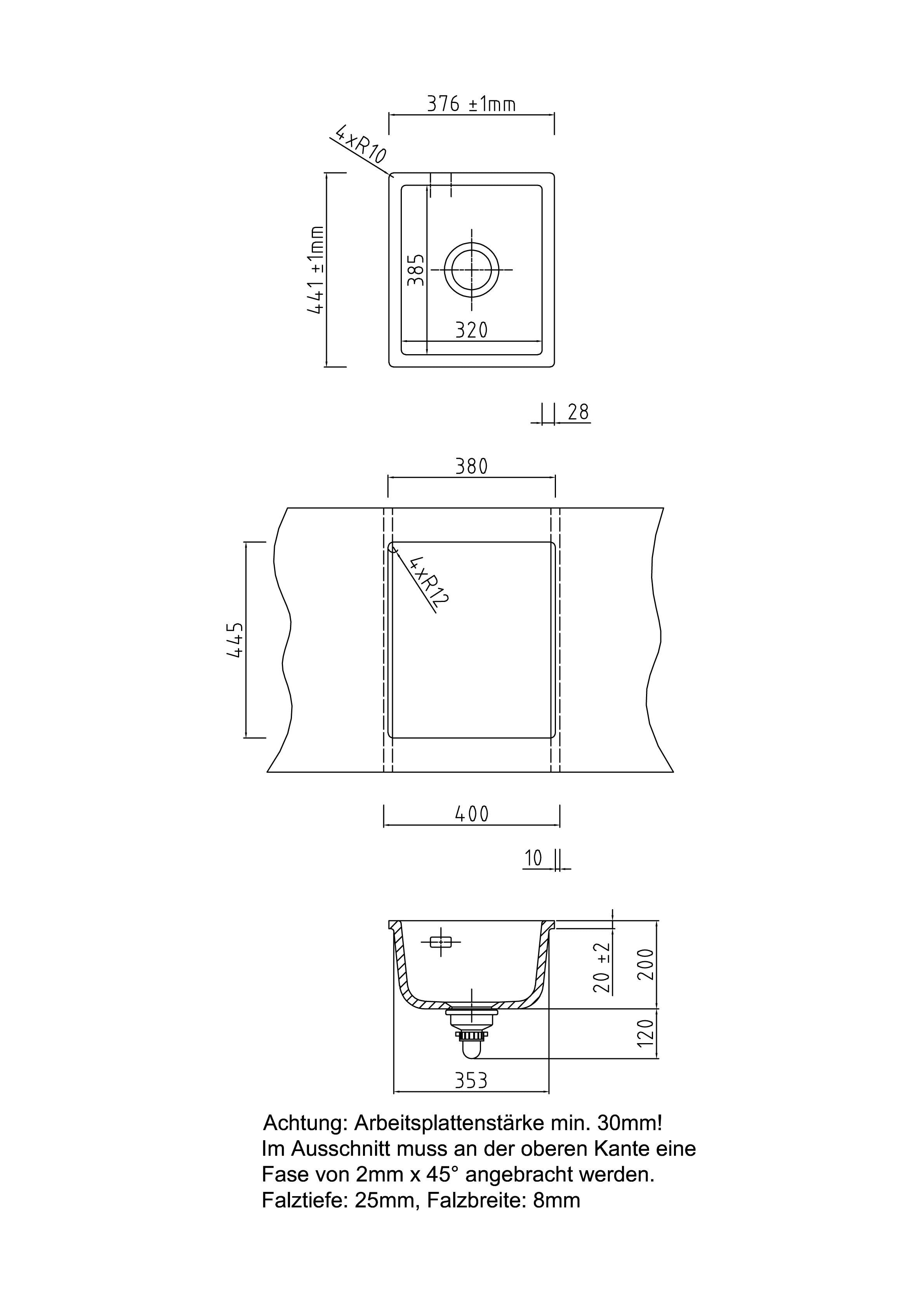 SYSTEMCERAM Einbauspüle Mera 39 F/o Eibe 56 inkl. Excenterbetätigung, für 40 cm Schrankbreite, Spüle zum flächenbündigen Einbau ohne Hahnlochbank, inkl. 4 x Eckradien R 10 Flächenbündig keine Beckenlage 51610256