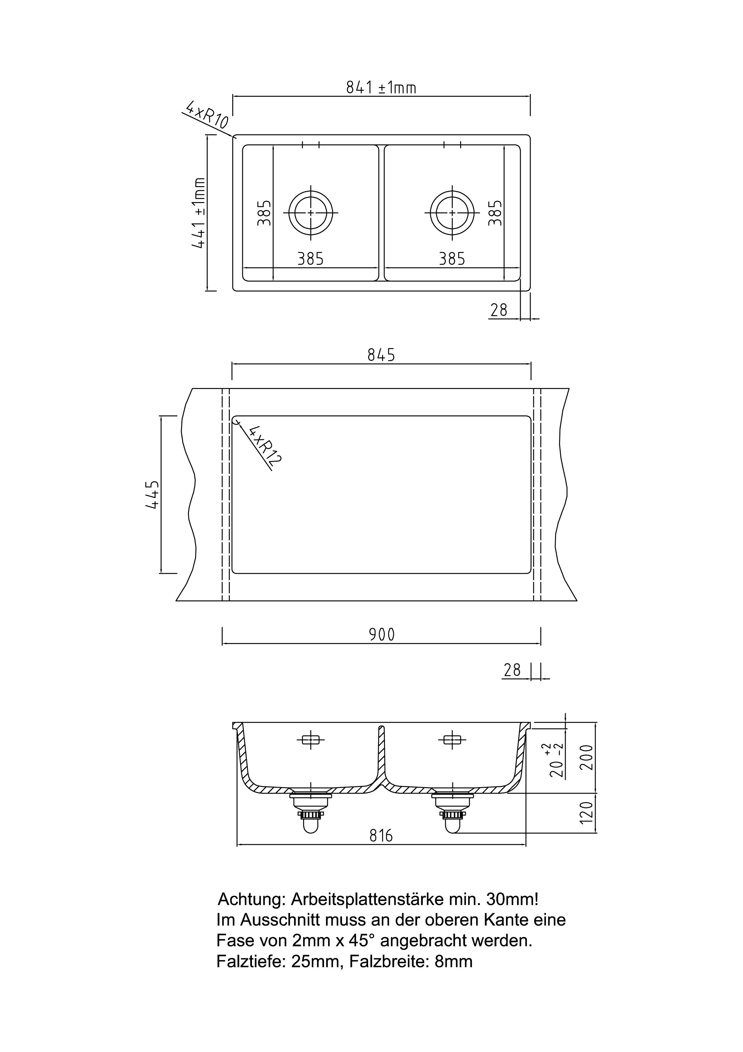 SYSTEMCERAM Einbauspüle Mera Twin F/o Polar 13 inkl. Excenterbetätigung, für 90 cm Schrankbreite, Spüle zum flächenbündigen Einbau ohne Hahnlochbank, inkl. 4 x Eckradien R 10 Flächenbündig keine Beckenlage 51620213