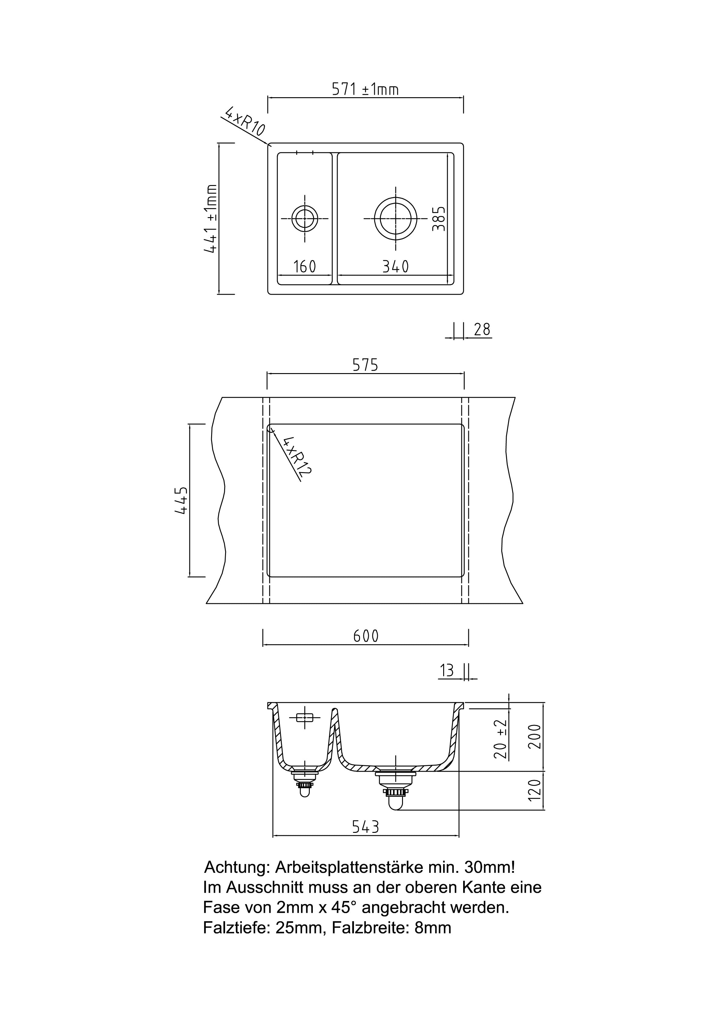 SYSTEMCERAM Einbauspüle Mera 60 F/o Jasmin 19 inkl. Excenterbetätigung, für 60 cm Schrankbreite, Spüle zum flächenbündigen Einbau ohne Hahnlochbank, inkl. 4 x Eckradien R 10 Flächenbündig keine Beckenlage 51980219
