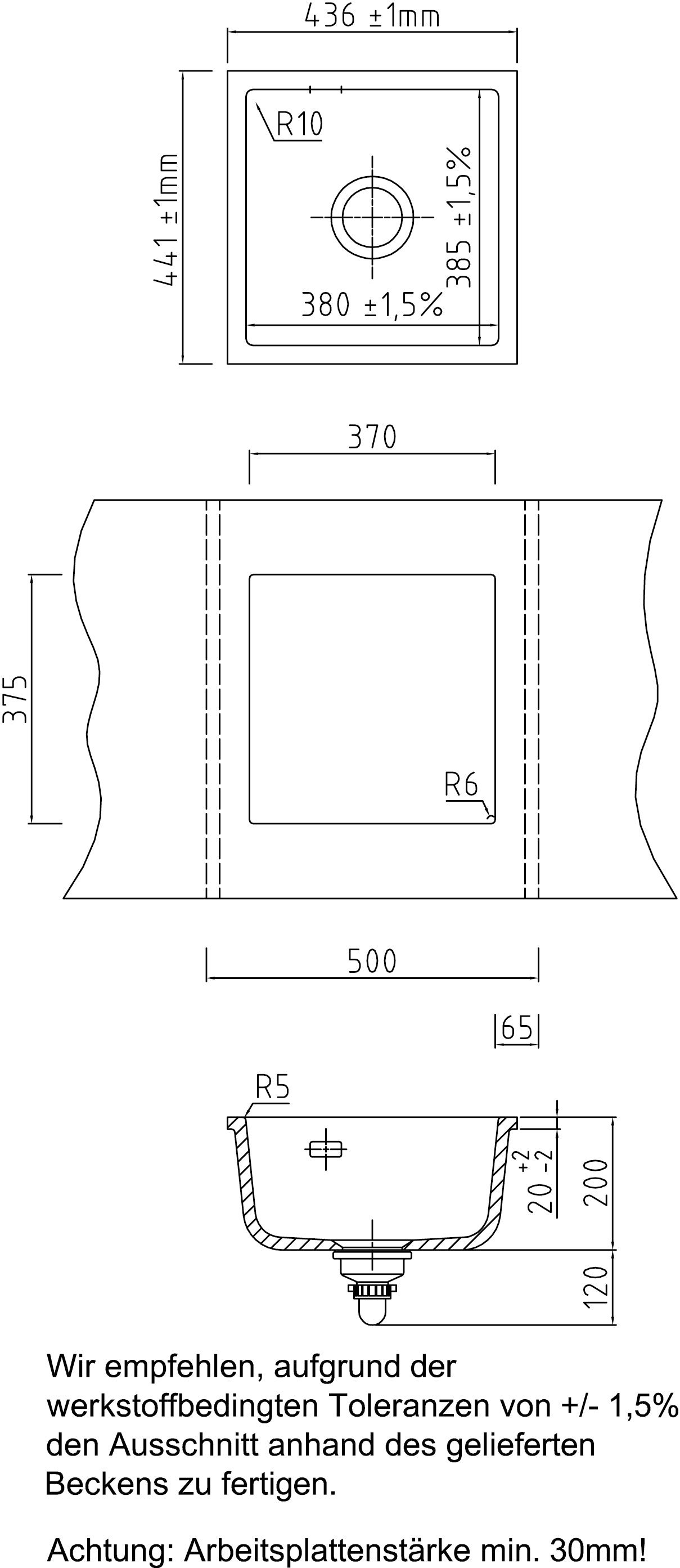 SYSTEMCERAM Einbauspüle Mera 40 U/g Eibe 56 inkl. Handbetätigung, für 50 cm Schrankbreite, Spüle zum Unterbau mit geschliffener Oberseite Unterbau keine Beckenlage 54560156