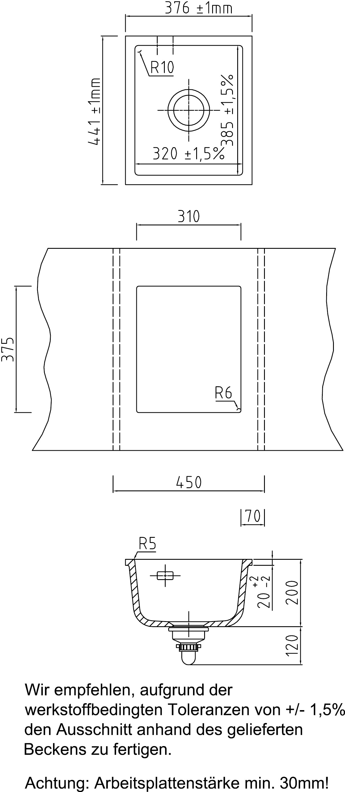 SYSTEMCERAM Einbauspüle Mera 32 U/g Satin 20 inkl. Handbetätigung, für 45 cm Schrankbreite, Spüle zum Unterbau mit geschliffener Oberseite Unterbau keine Beckenlage 54610120