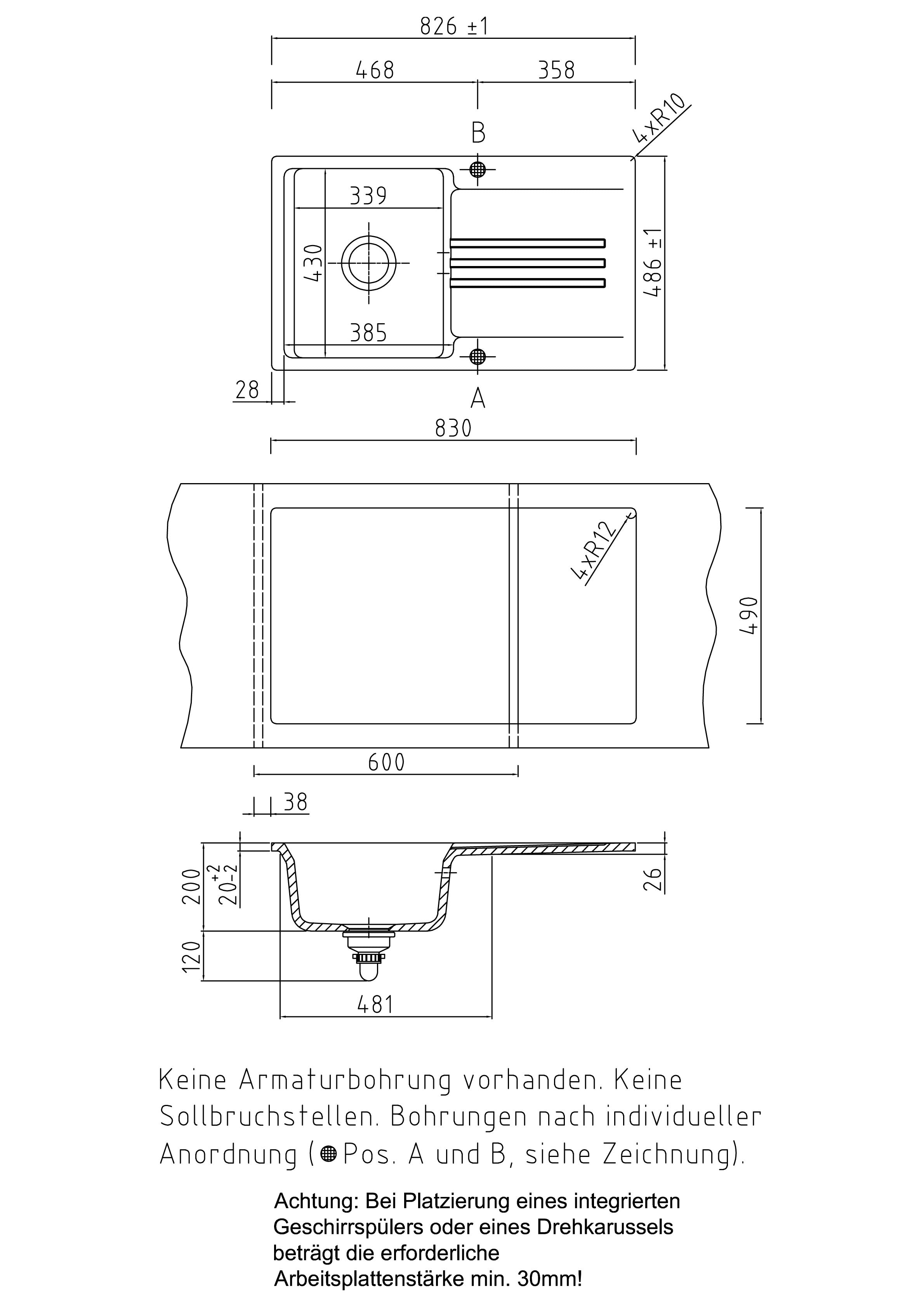 SYSTEMCERAM Einbauspüle Kara 85 F Eibe 56 inkl. Handbetätigung, für 60 cm Schrankbreite, Spüle zum flächenbündigen Einbau mit Medio-Matte Alu, inkl. 4 x Eckradien R 10 Auflage reversibel 55000156