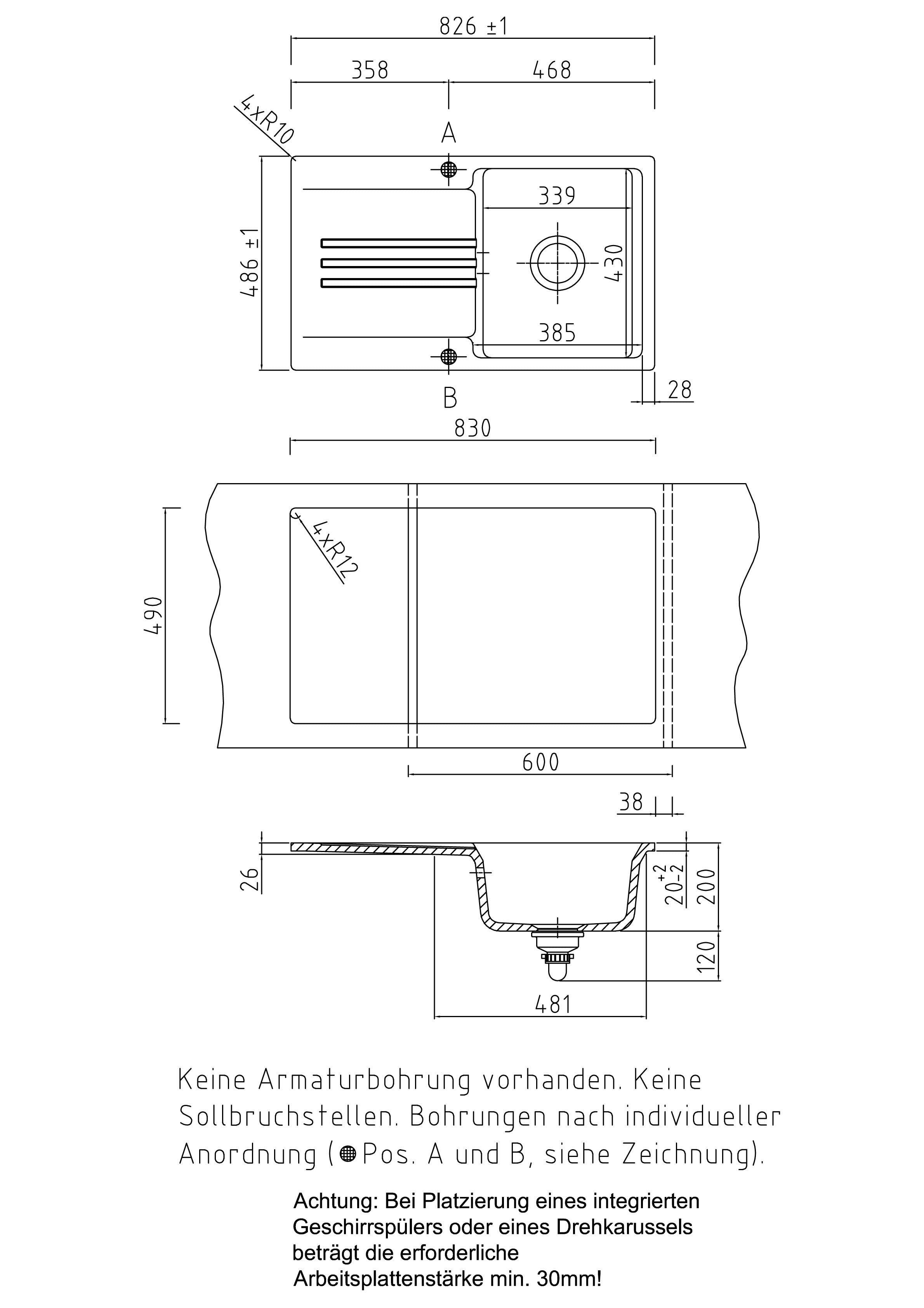SYSTEMCERAM Einbauspüle Kara 85 F Eibe 56 inkl. Handbetätigung, für 60 cm Schrankbreite, Spüle zum flächenbündigen Einbau mit Medio-Matte Alu, inkl. 4 x Eckradien R 10 Auflage reversibel 55000156