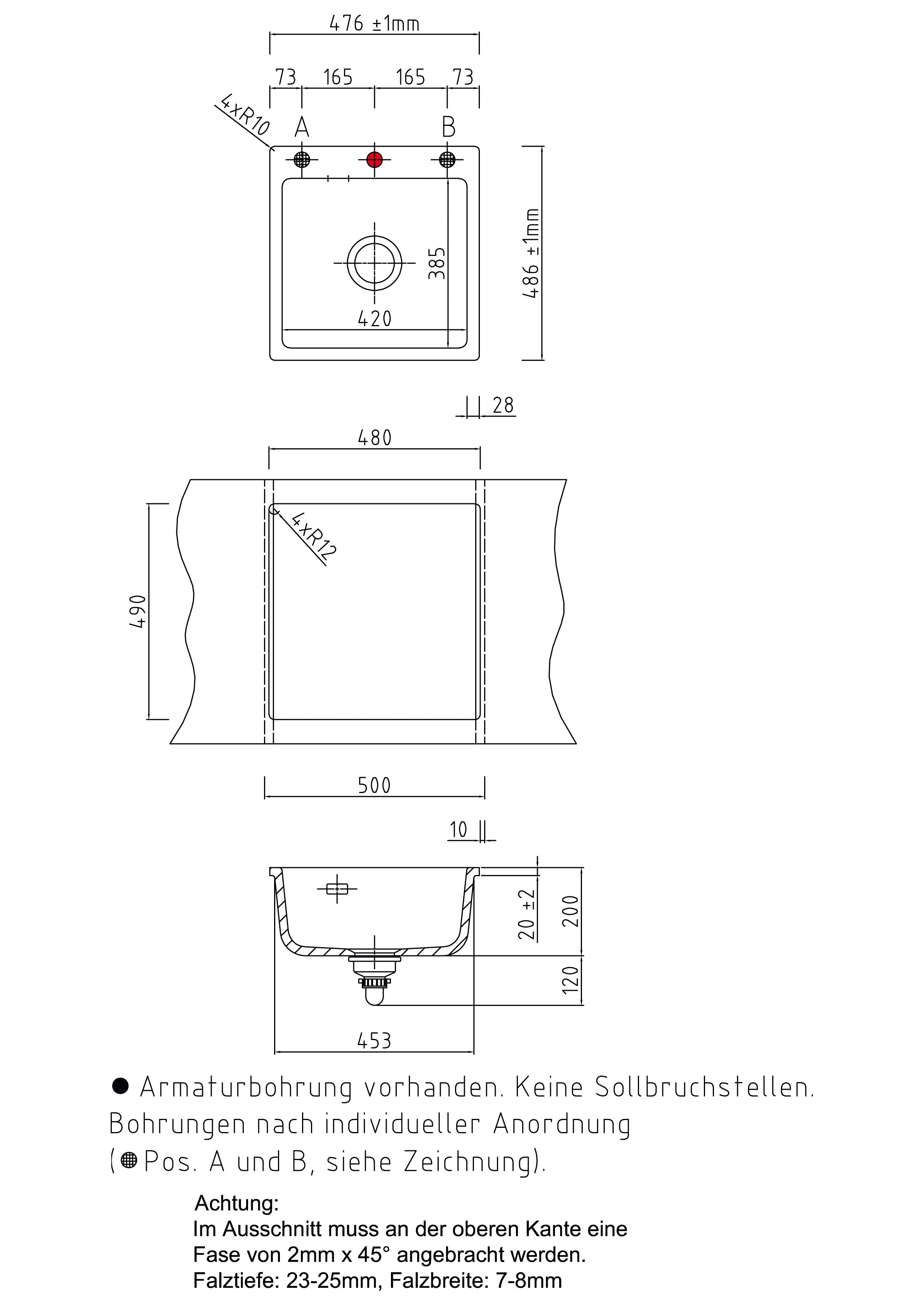 SYSTEMCERAM Einbauspüle Mera 51 F Alu 76 inkl. Handbetätigung, für 50 cm Schrankbreite, Spüle zum flächenbündigen Einbau, inkl. 4 x Eckradien R 10 Auflage keine Beckenlage 55010176