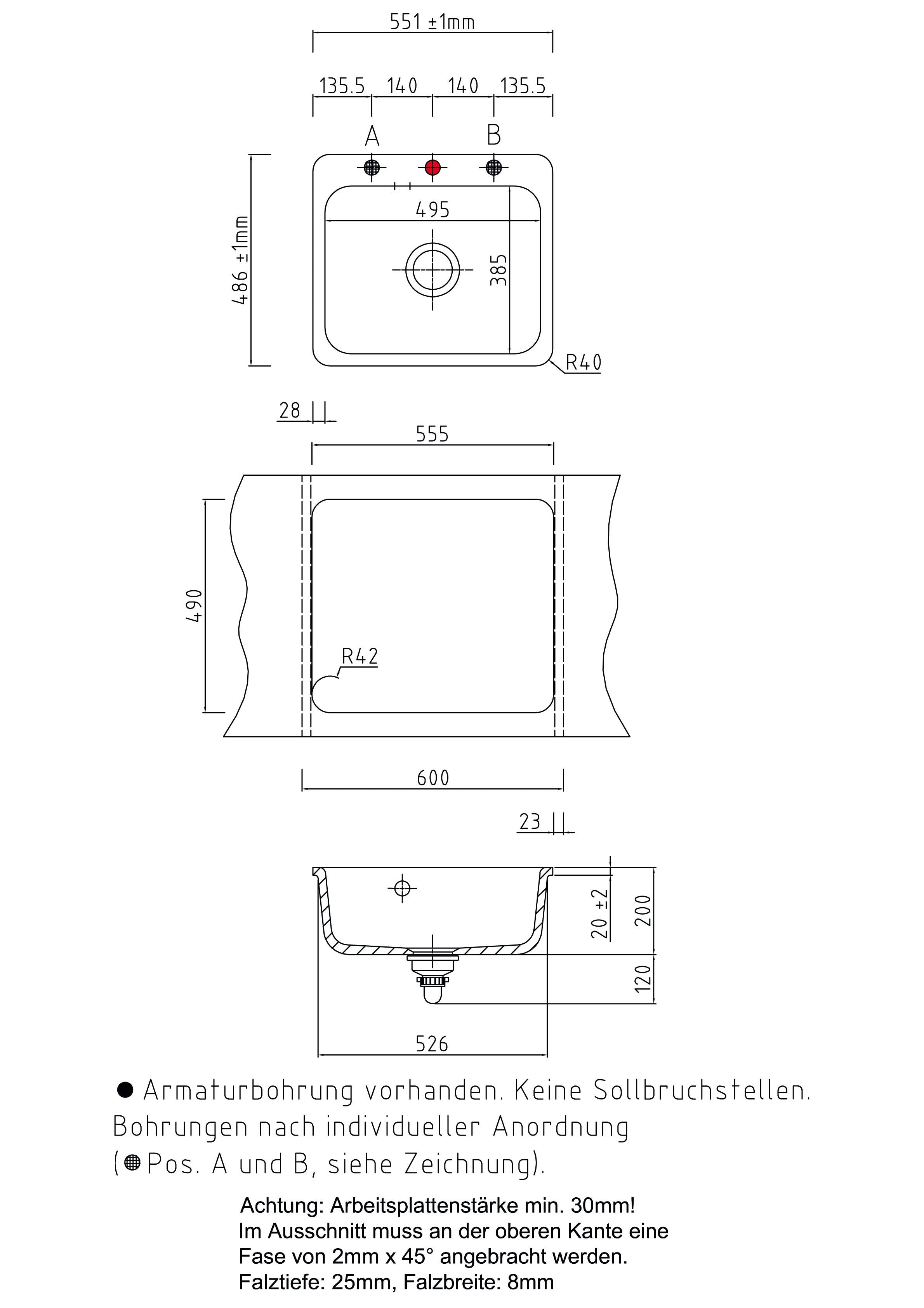 SYSTEMCERAM Einbauspüle Juna 57 F Fango 23 inkl. Excenterbetätigung, für 60 cm Schrankbreite, Spüle zum flächenbündigen Einbau Auflage keine Beckenlage 55040223