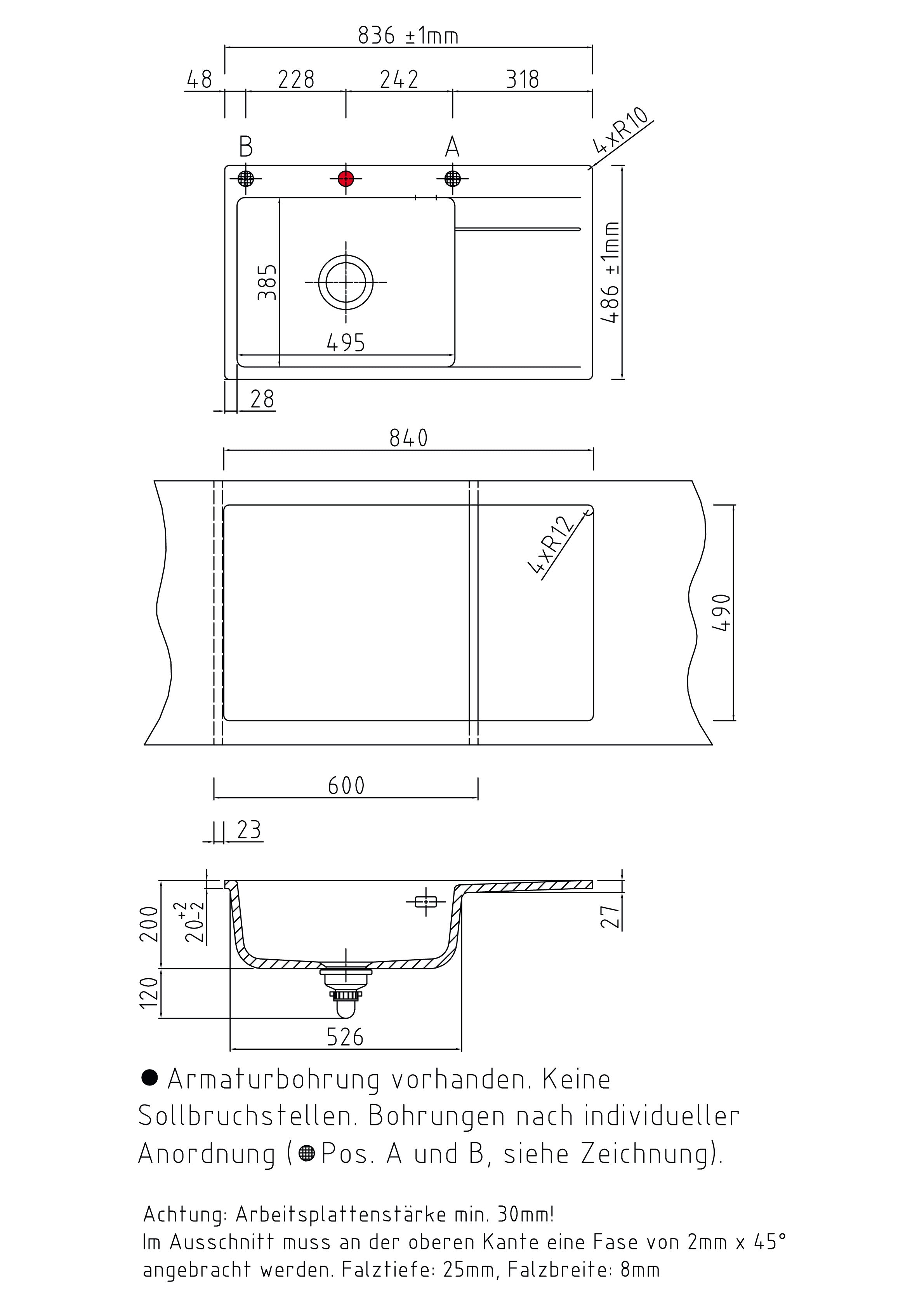 SYSTEMCERAM Einbauspüle Stema 86 SL/F Be. Li. Alu 76 inkl. Excenterbetätigung, für 60 cm Schrankbreite, Spüle zum flächenbündigen Einbau, inkl. 4 x Eckradien R 10 Auflage Becken links 55110276