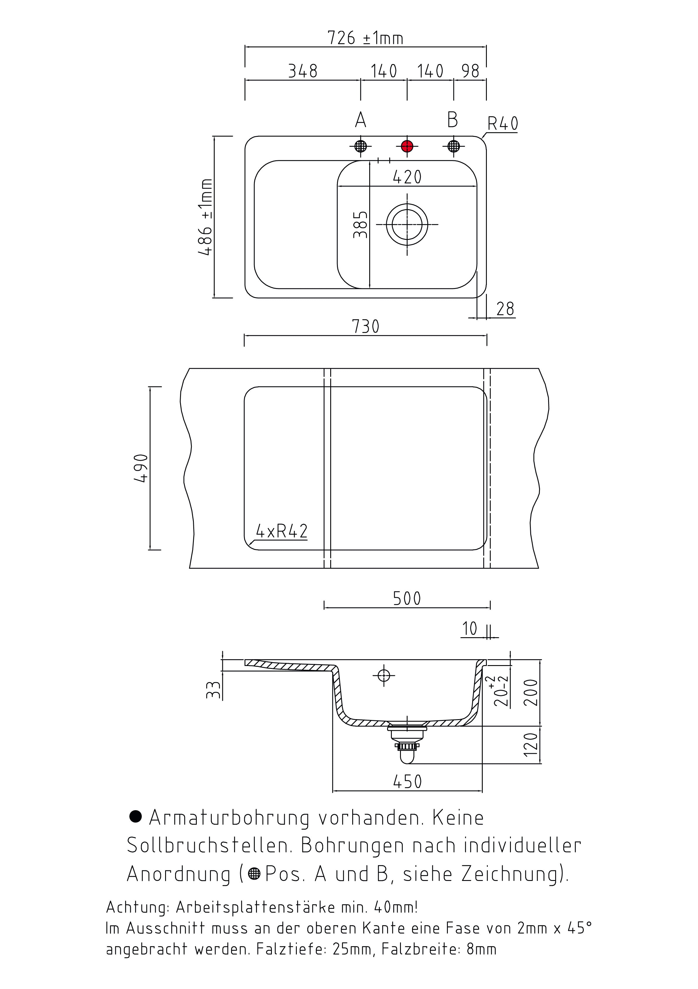 SYSTEMCERAM Einbauspüle Juna 75 F Be. Re. Lava 80 inkl. Handbetätigung, für 50 cm Schrankbreite, Spüle zum flächenbündigen Einbau Auflage Becken rechts 55120180