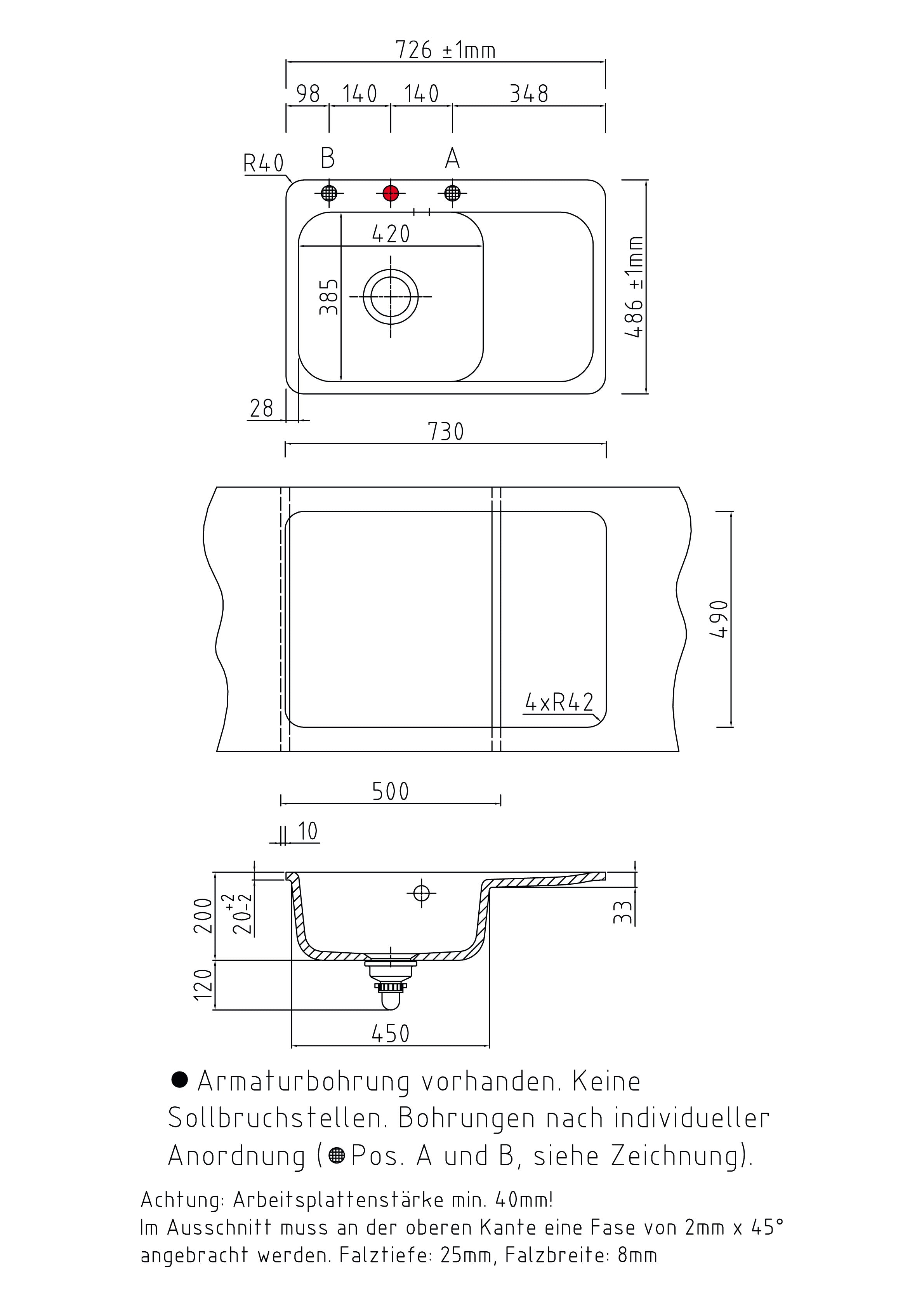 SYSTEMCERAM Einbauspüle Juna 75 F Be. Li. Nigra 87 inkl. Handbetätigung, für 50 cm Schrankbreite, Spüle zum flächenbündigen Einbau Auflage Becken links 55130187