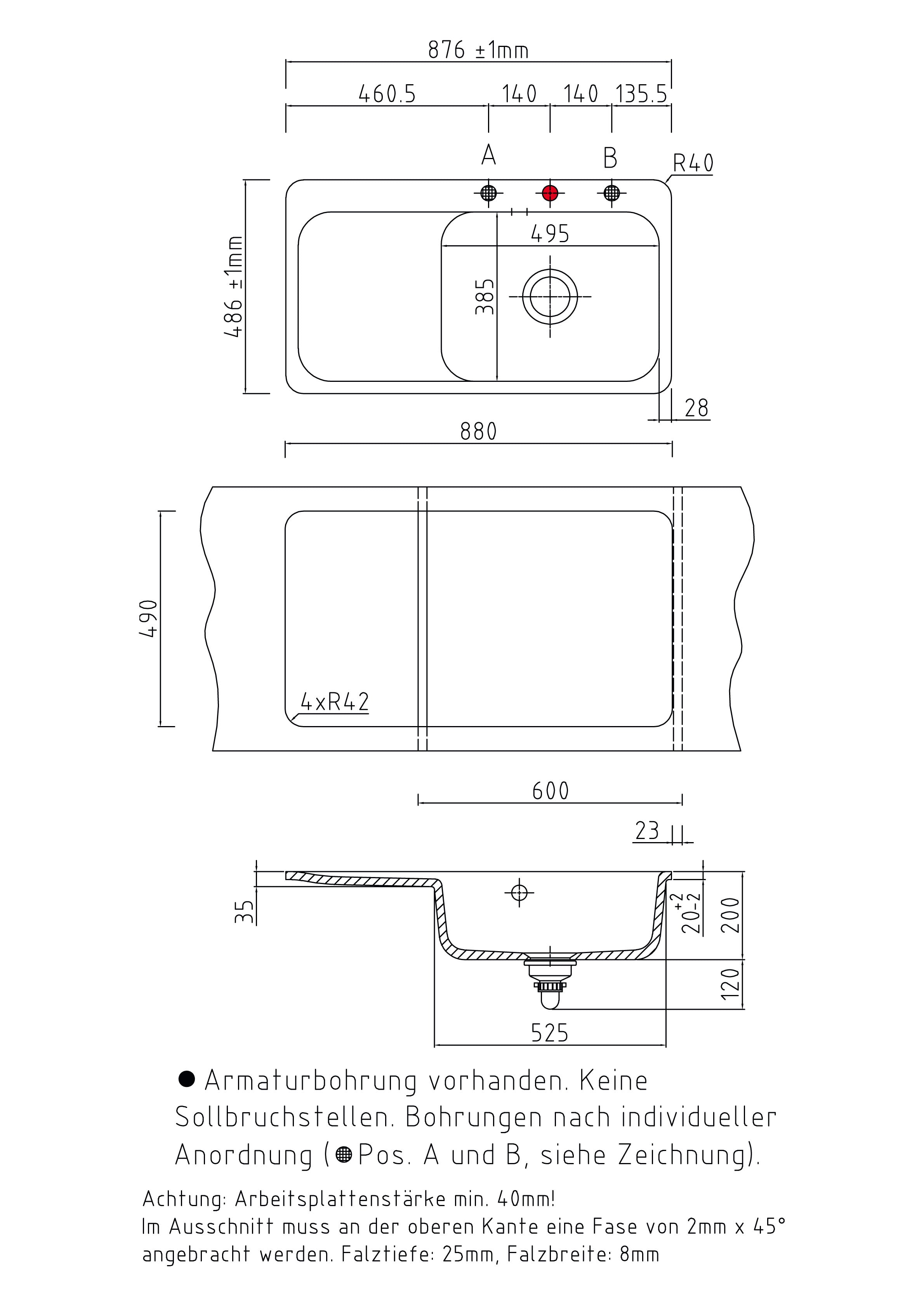 SYSTEMCERAM Einbauspüle Juna 90 F Be. Re. Siena 65 inkl. Handbetätigung, für 60 cm Schrankbreite, Spüle zum flächenbündigen Einbau Auflage Becken rechts 55140165