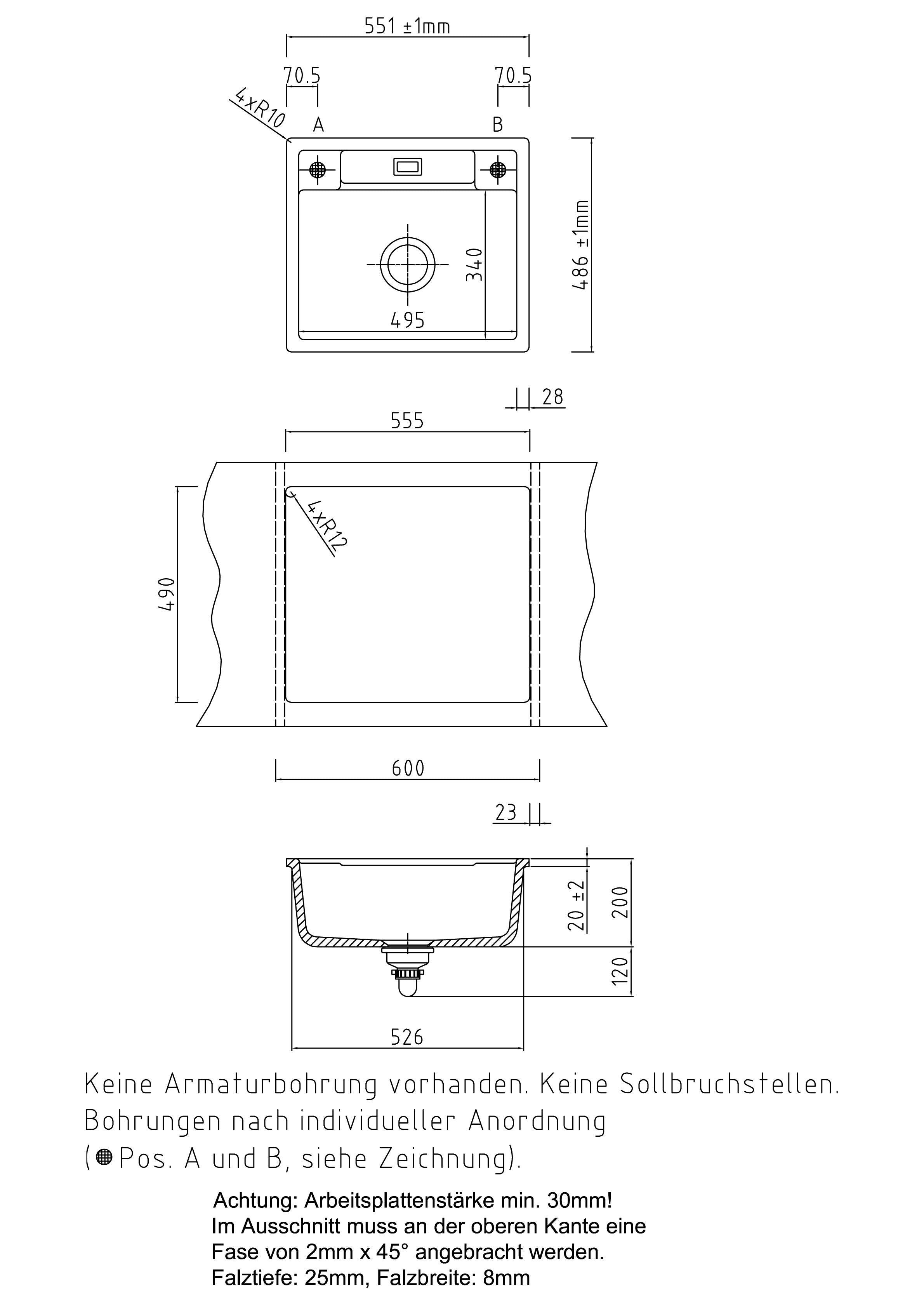 SYSTEMCERAM Einbauspüle Bela 57 F Satin 20 inkl. Handbetätigung, für 60 cm Schrankbreite, Spüle zum flächenbündigen Einbau, inkl. 4 x Eckradien R 10 Auflage keine Beckenlage 55160120