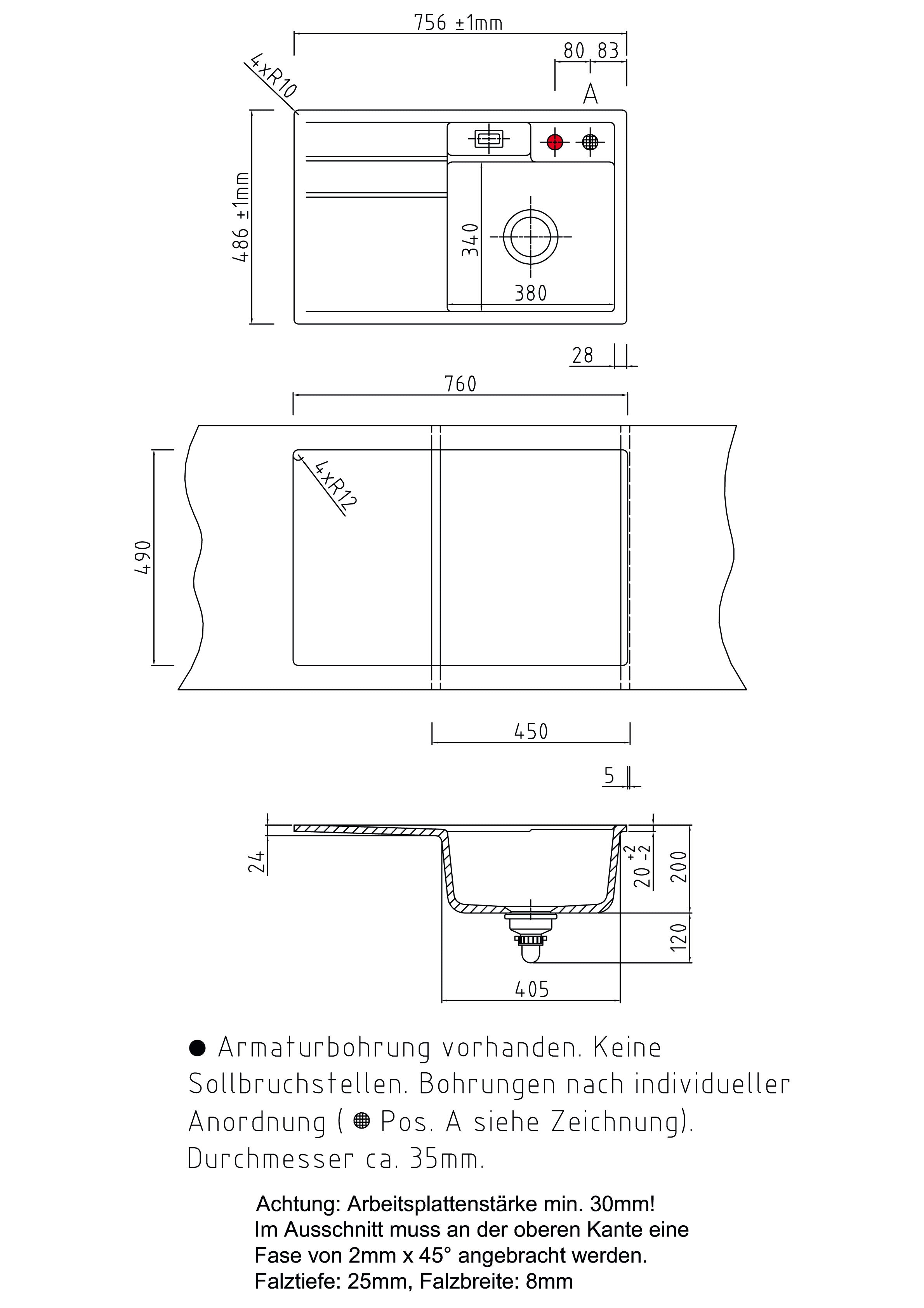 SYSTEMCERAM Einbauspüle Bela 78 F Be. Re. Alu 76 inkl. Handbetätigung, für 45 cm Schrankbreite, Spüle zum flächenbündigen Einbau, inkl. 4 x Eckradien R 10 Auflage Becken rechts 55180176