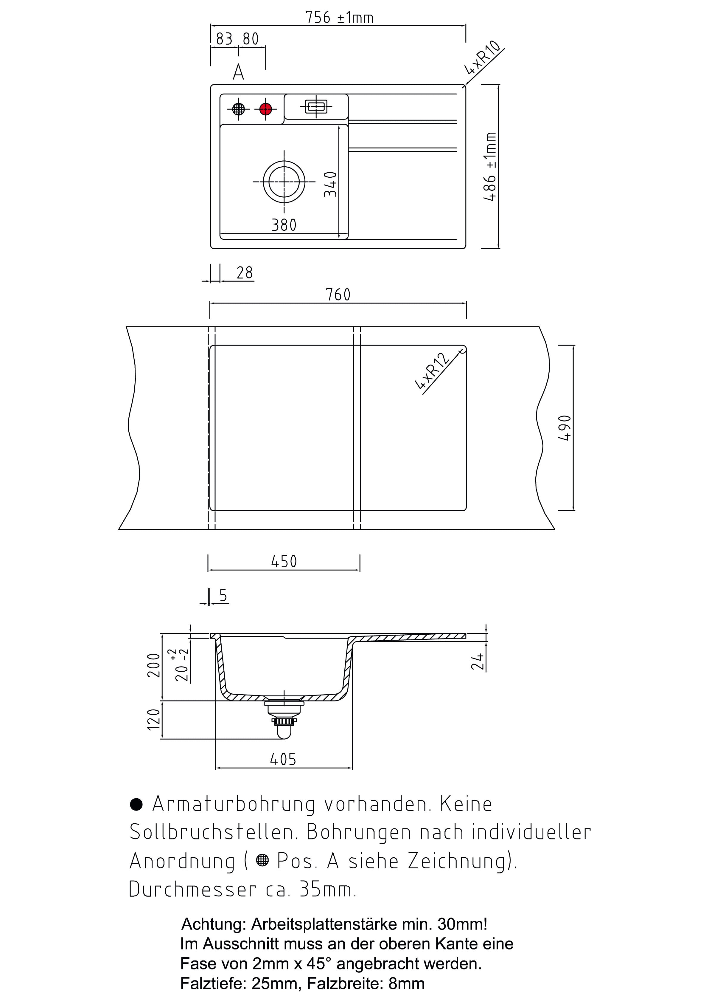 SYSTEMCERAM Einbauspüle Bela 78 F Be. Li. Fango 23 inkl. Excenterbetätigung, für 45 cm Schrankbreite, Spüle zum flächenbündigen Einbau, inkl. 4 x Eckradien R 10 Auflage Becken links 55190223