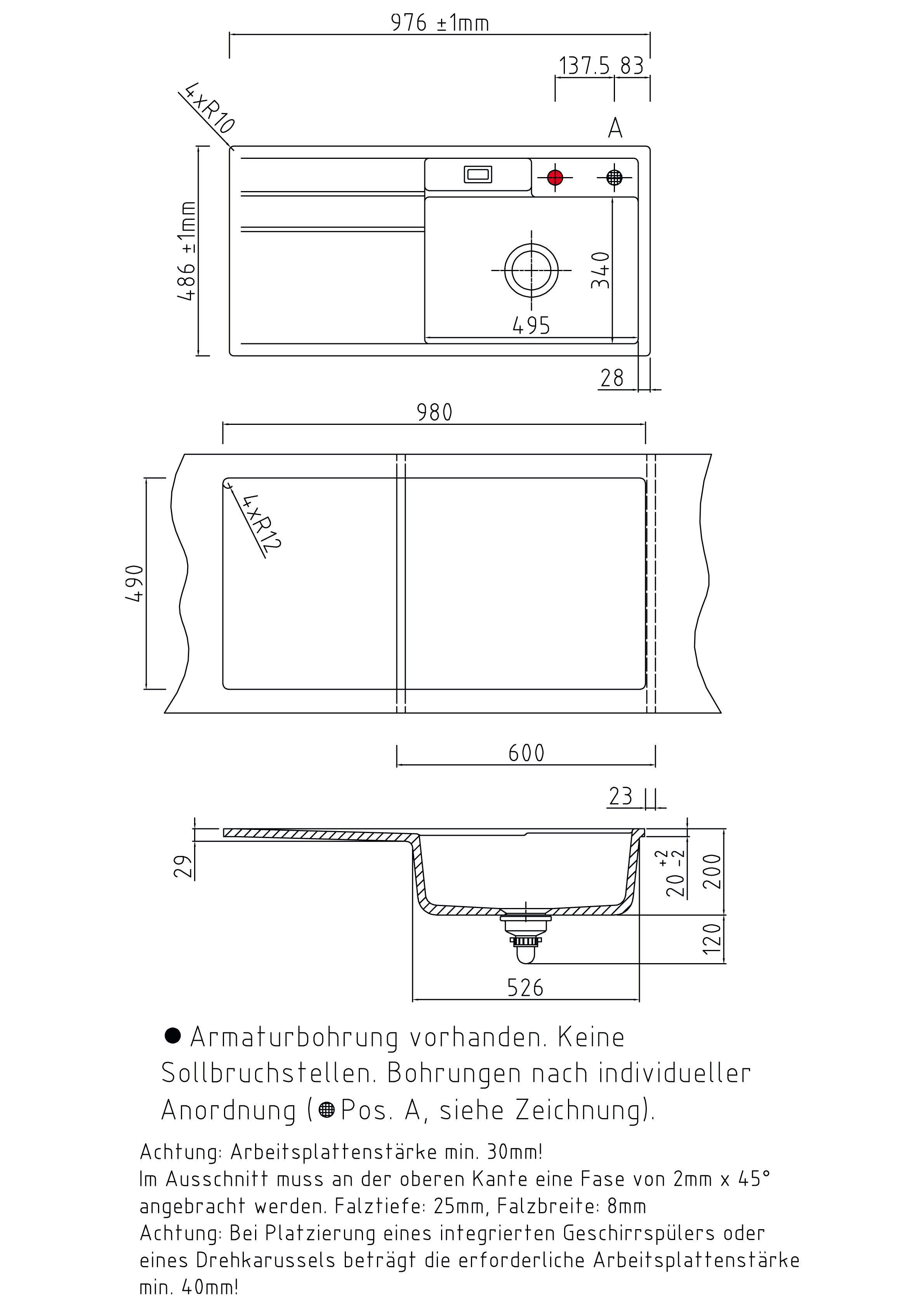 SYSTEMCERAM Einbauspüle Bela 100 F Be. Re. Alu 76 inkl. Handbetätigung, für 60 cm Schrankbreite, Spüle zum flächenbündigen Einbau, inkl. 4 x Eckradien R 10 Auflage Becken rechts 55200176