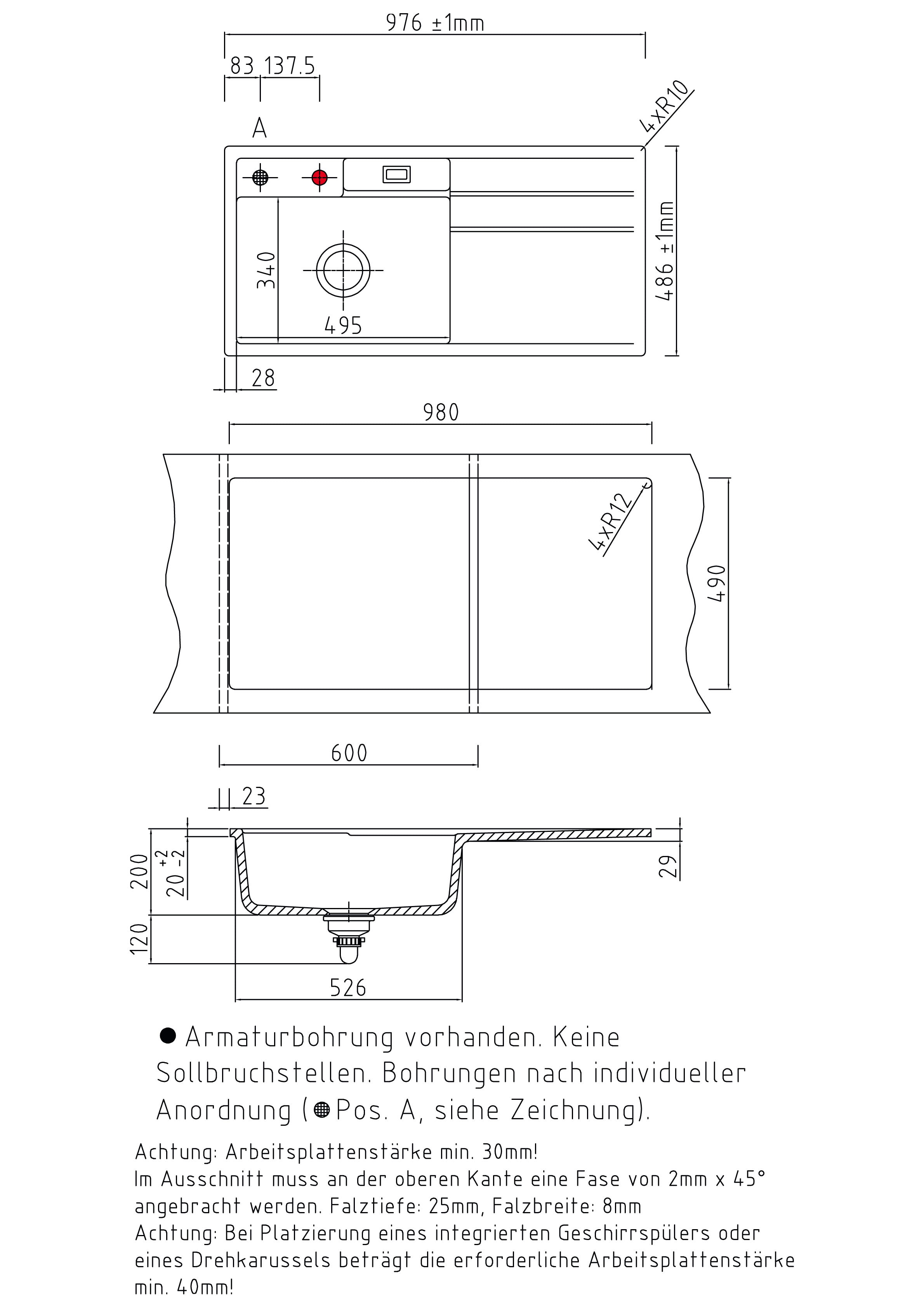 SYSTEMCERAM Einbauspüle Bela 100 F Be. Li Alu 76 inkl. Excenterbetätigung, für 60 cm Schrankbreite, Spüle zum flächenbündigen Einbau, inkl. 4 x Eckradien R 10 Auflage Becken links 55210276