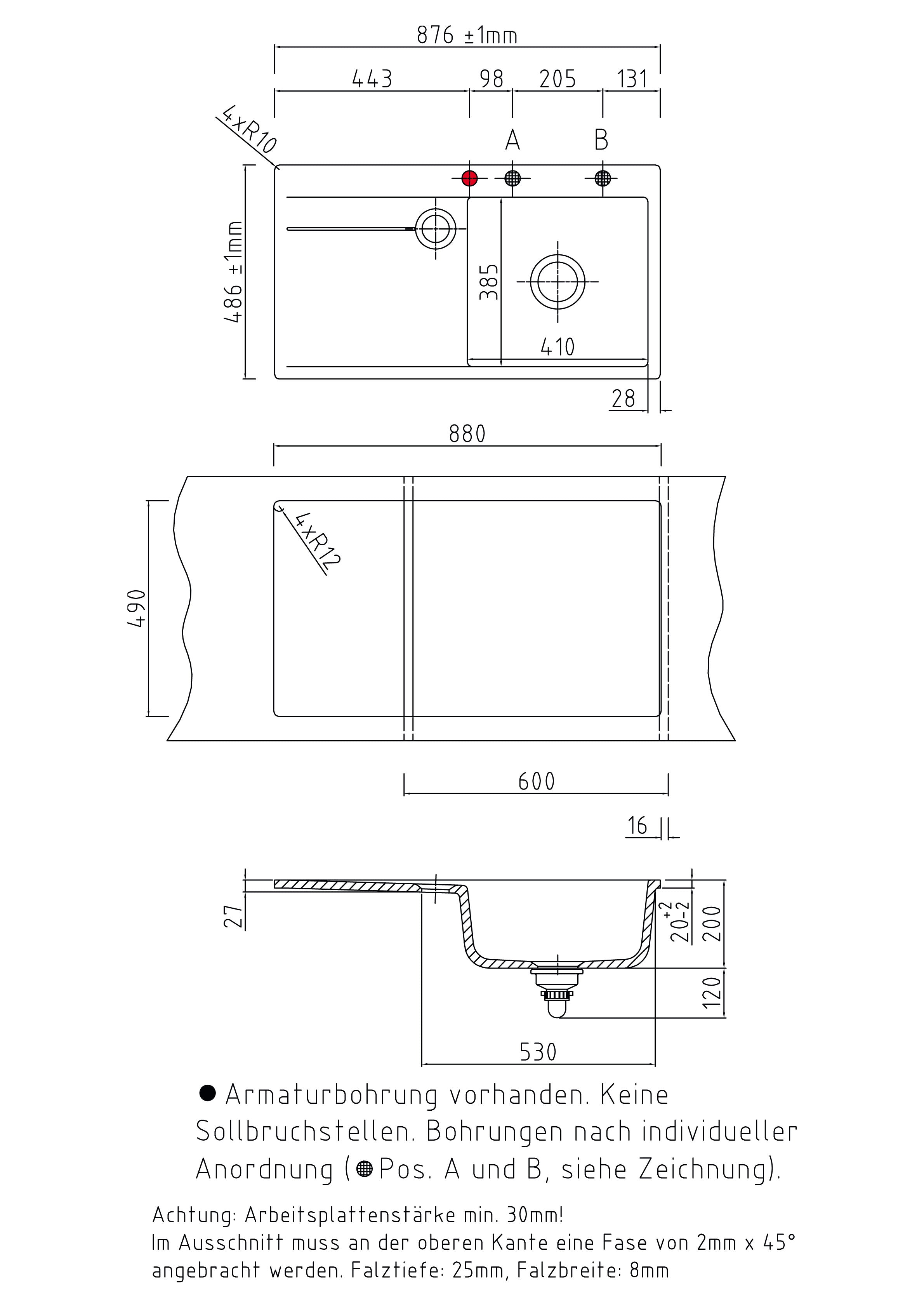 SYSTEMCERAM Einbauspüle Stema 90 F Be. Re. Grönland 12 inkl. Excenterbetätigung, für 60 cm Schrankbreite, Spüle zum flächenbündigen Einbau mit Sinktop Resteausguss, inkl. 4 x Eckradien R 10 Auflage Becken rechts 55520212