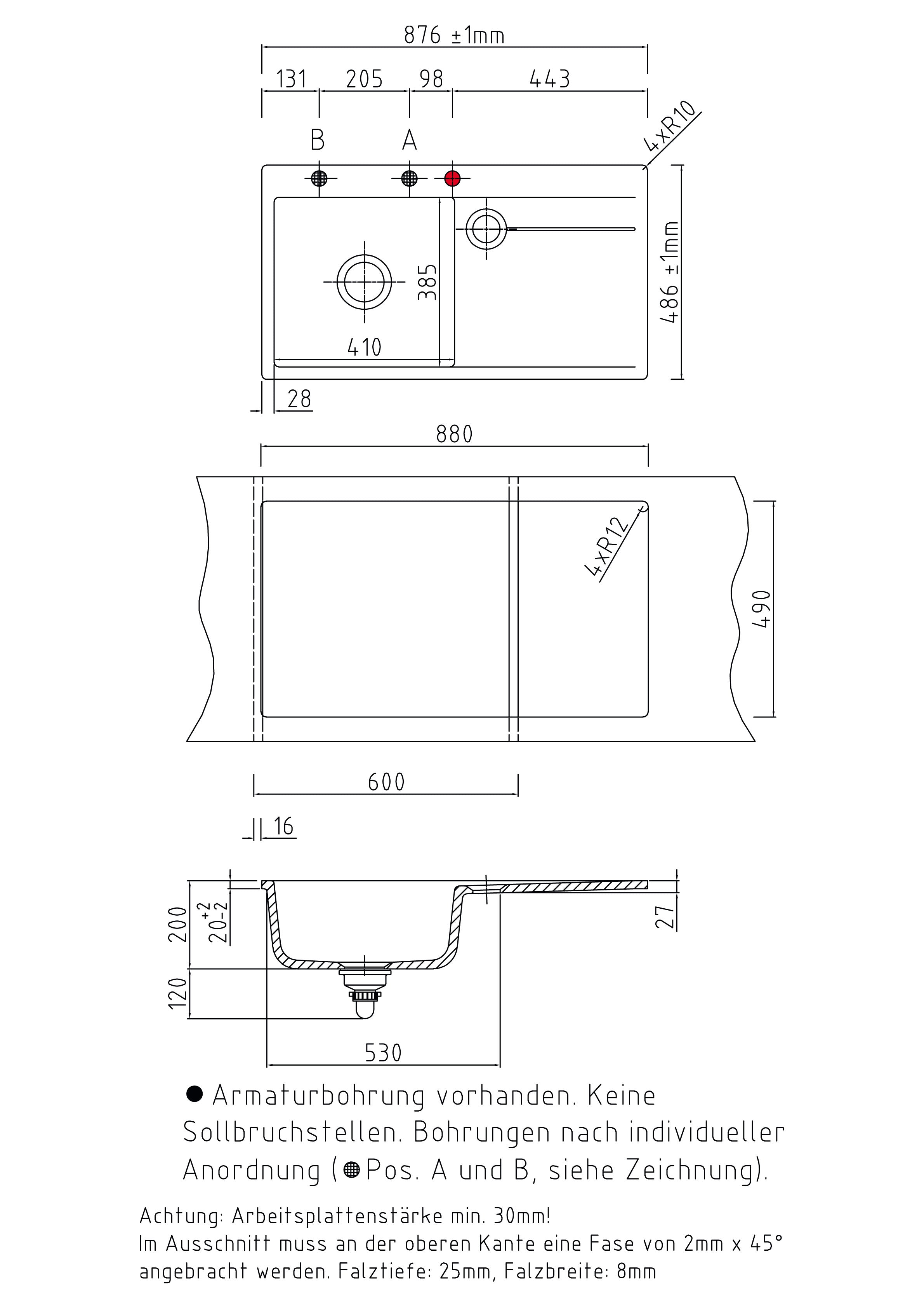 SYSTEMCERAM Einbauspüle Stema 90 F Be. Li. Grönland 12 inkl. Excenterbetätigung, für 60 cm Schrankbreite, Spüle zum flächenbündigen Einbau mit Sinktop Resteausguss, inkl. 4 x Eckradien R 10 Auflage Becken links 55530212