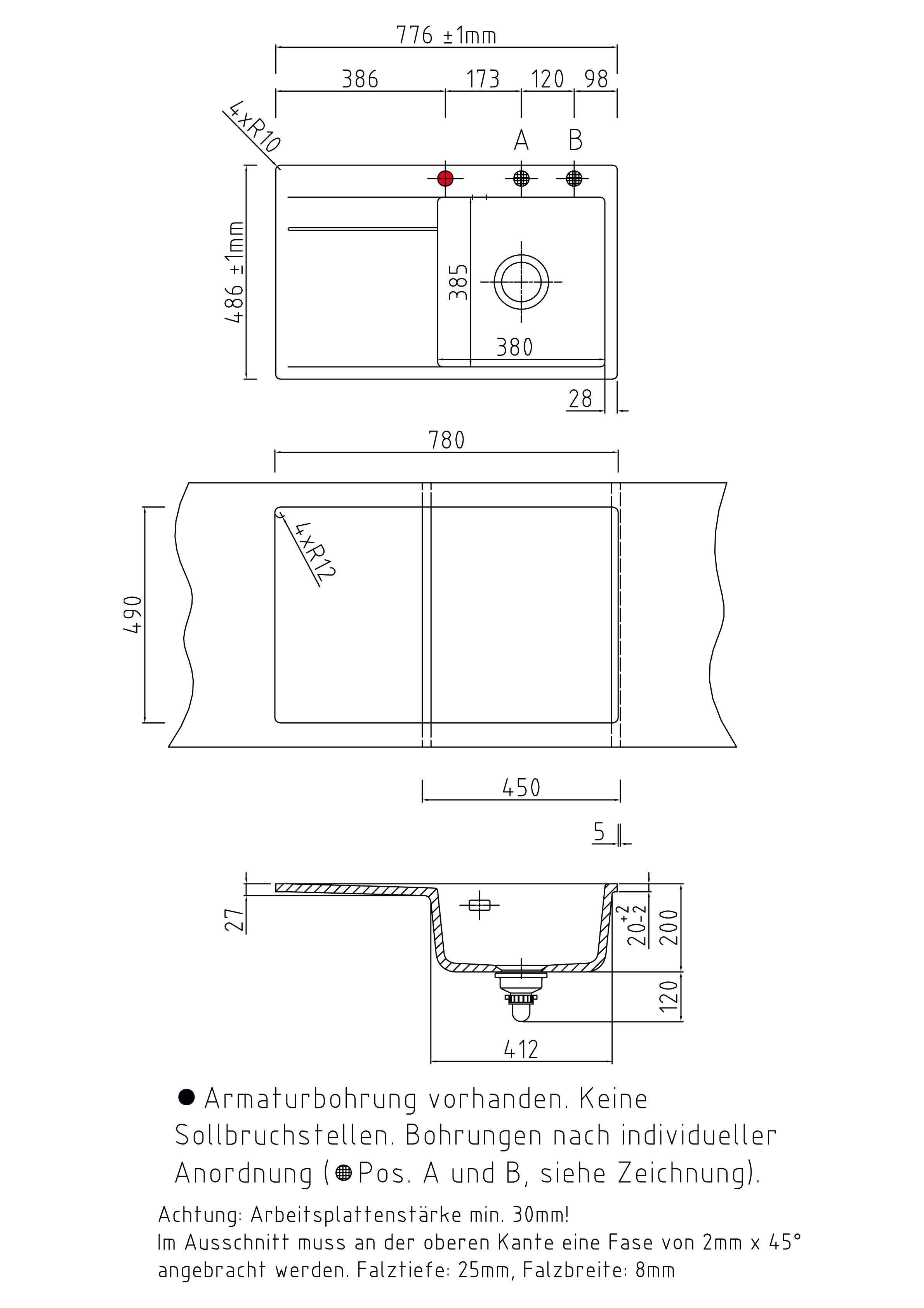 SYSTEMCERAM Einbauspüle Stema 80 F Be. Re. Jasmin 19 inkl. Handbetätigung, für 45 cm Schrankbreite, Spüle zum flächenbündigen Einbau, inkl. 4 x Eckradien R 10 Auflage Becken rechts 55540119
