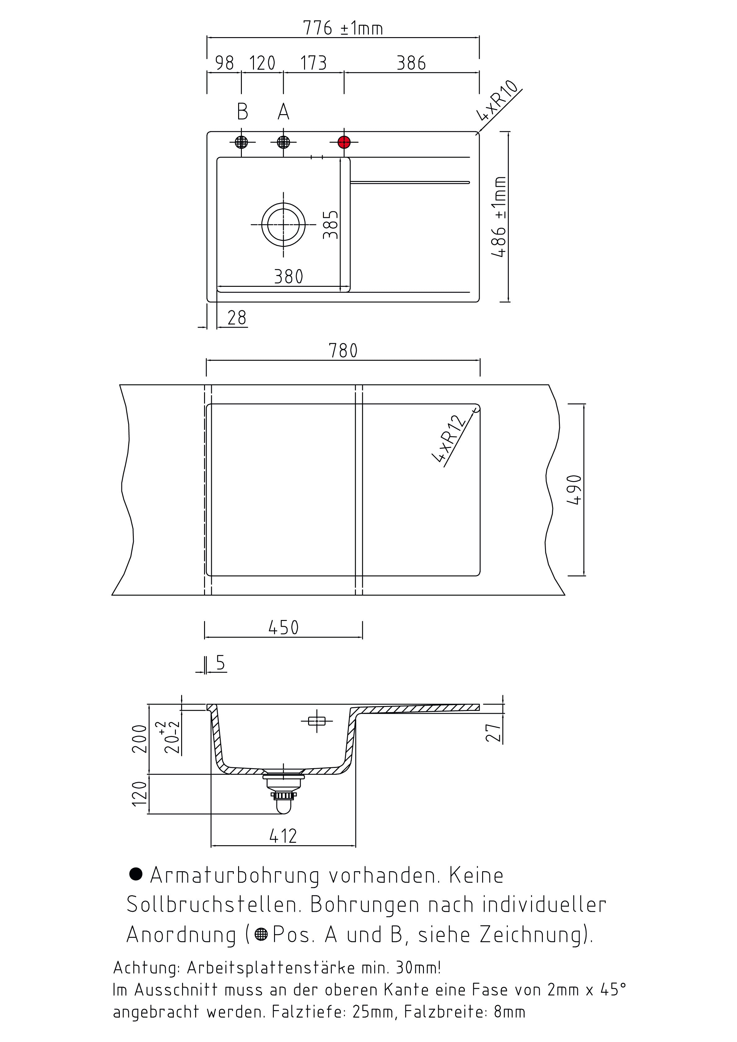 SYSTEMCERAM Einbauspüle Stema 80 F Be. Li. Schiefer 85 inkl. Handbetätigung, für 45 cm Schrankbreite, Spüle zum flächenbündigen Einbau, inkl. 4 x Eckradien R 10 Auflage Becken links 55550185