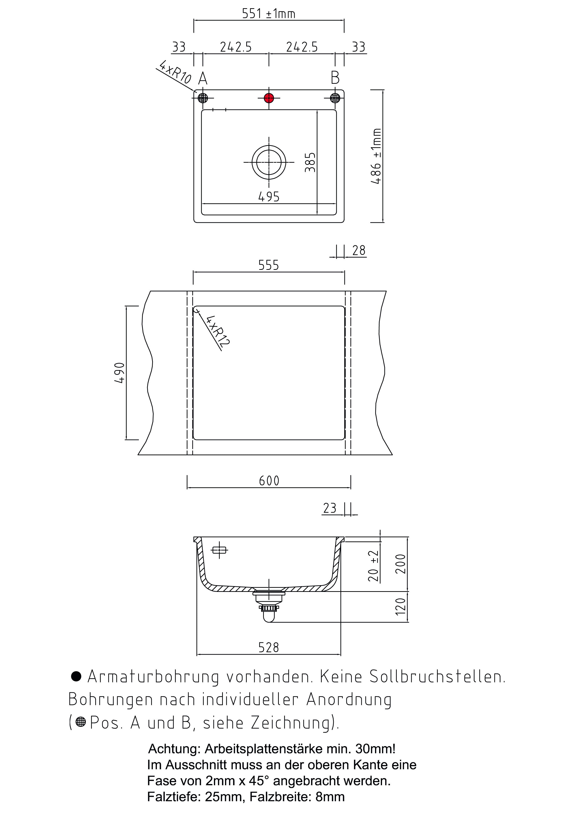 SYSTEMCERAM Einbauspüle Mera 57 F Magnolie 10 inkl. Excenterbetätigung, für 60 cm Schrankbreite, Spüle zum flächenbündigen Einbau, inkl. 4 x Eckradien R 10 Auflage keine Beckenlage 55570210