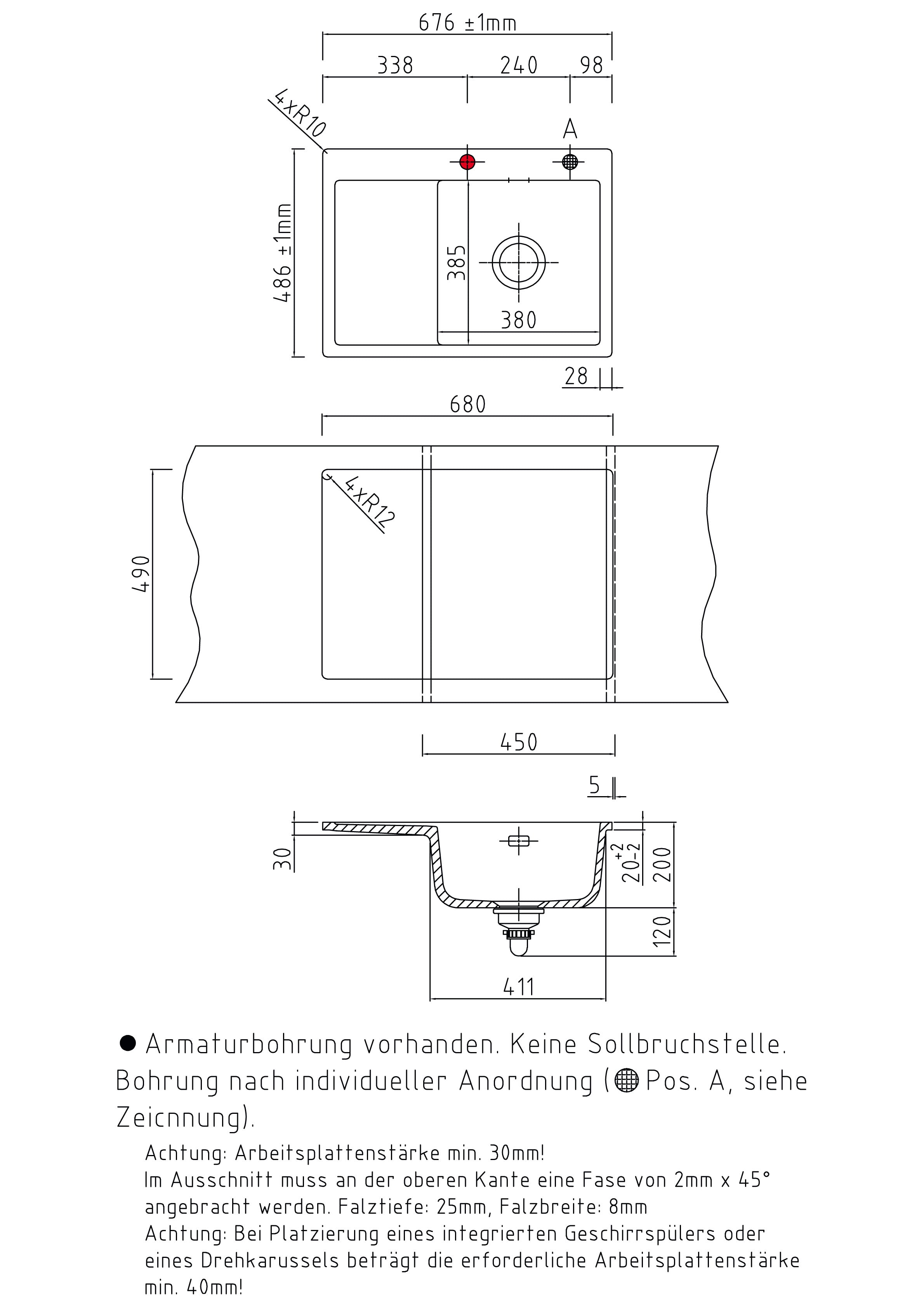 SYSTEMCERAM Einbauspüle Mera 70 F Be. Re. Eibe 56 inkl. Excenterbetätigung, für 45 cm Schrankbreite, Spüle zum flächenbündigen Einbau, inkl. 4 x Eckradien R 10 Auflage Becken rechts 55580256