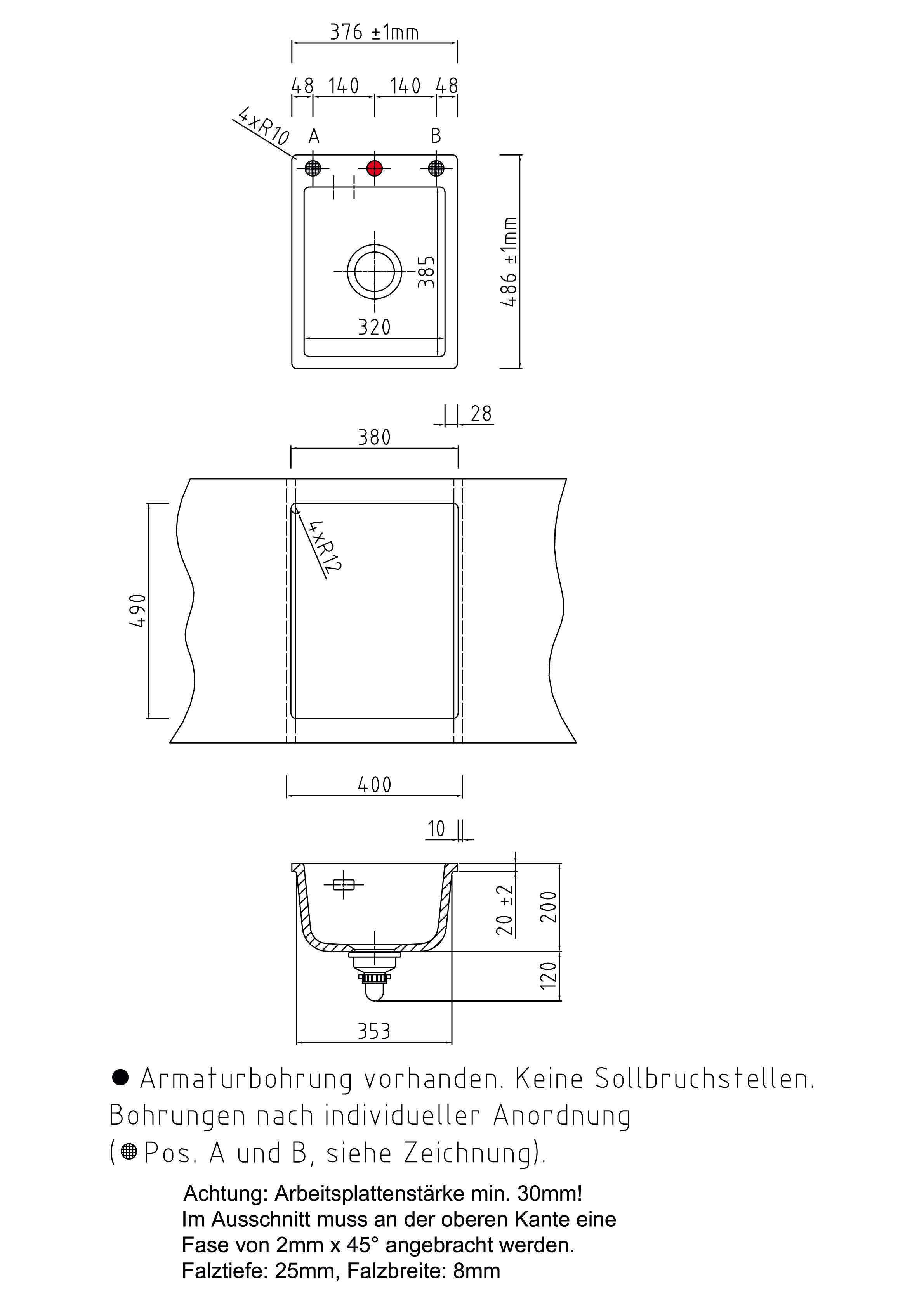SYSTEMCERAM Einbauspüle Mera 39 F Nero 68 inkl. Handbetätigung, für 40 cm Schrankbreite, Spüle zum flächenbündigen Einbau, inkl. 4 x Eckradien R 10 Auflage keine Beckenlage 55610168