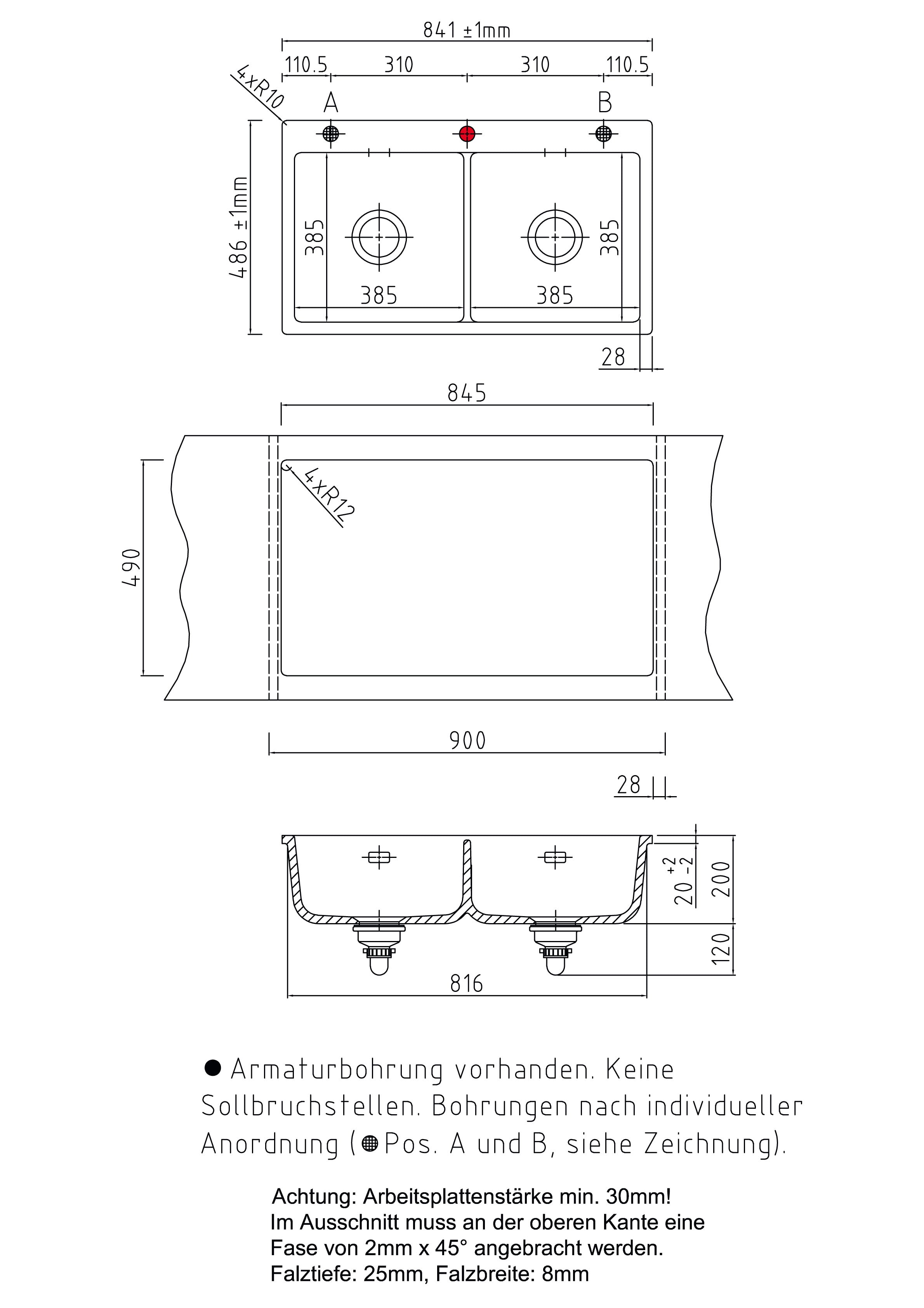 SYSTEMCERAM Einbauspüle Mera Twin F Grönland 12 inkl. Handbetätigung, für 90 cm Schrankbreite, Spüle zum flächenbündigen Einbau, inkl. 4 x Eckradien R 10 Auflage keine Beckenlage 55620112
