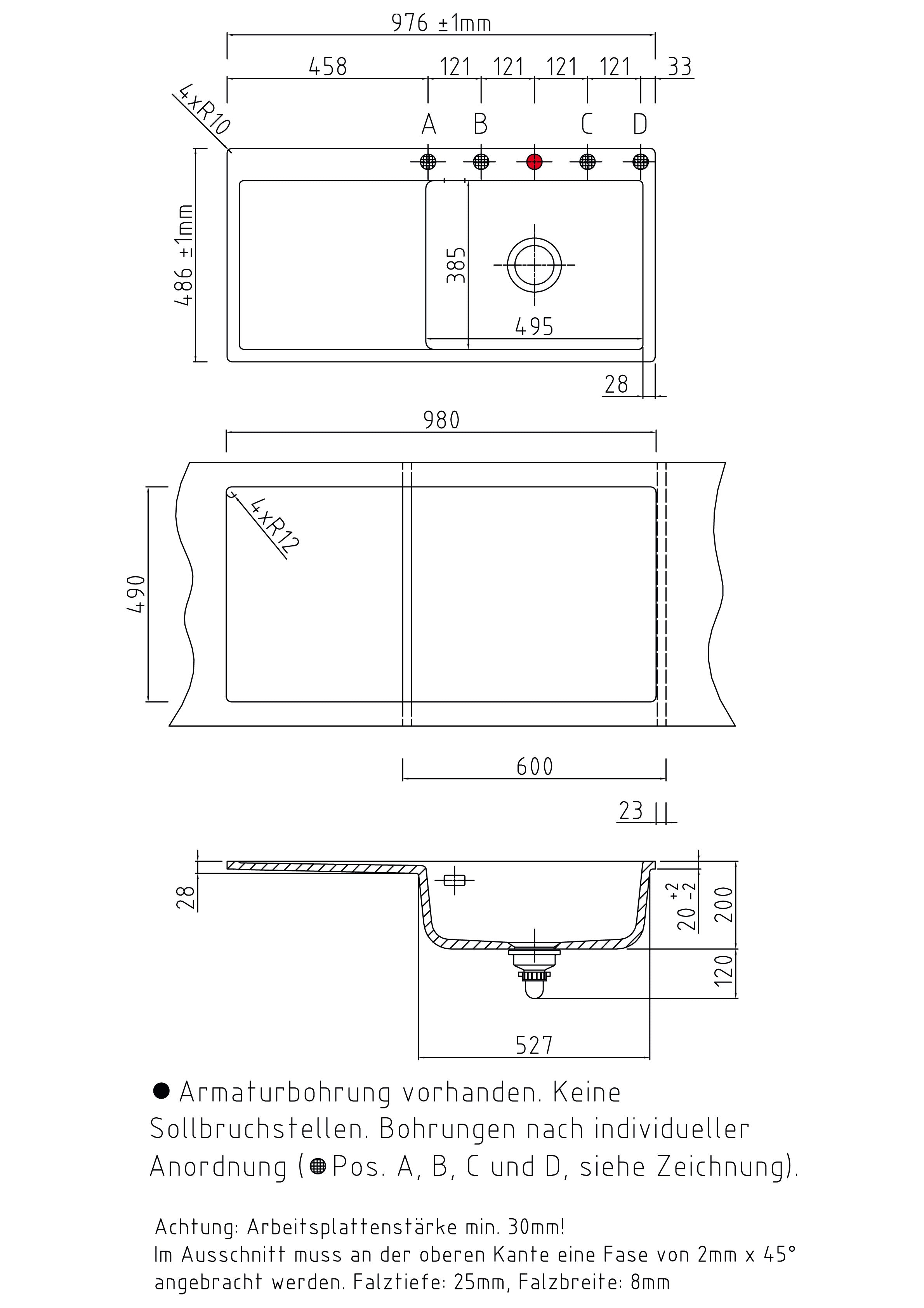 SYSTEMCERAM Einbauspüle Mera 100 SL/F Be. Re. Jasmin 19 inkl. Excenterbetätigung, für 60 cm Schrankbreite, Spüle zum flächenbündigen Einbau, inkl. 4 x Eckradien R 10 Auflage Becken rechts 55640219