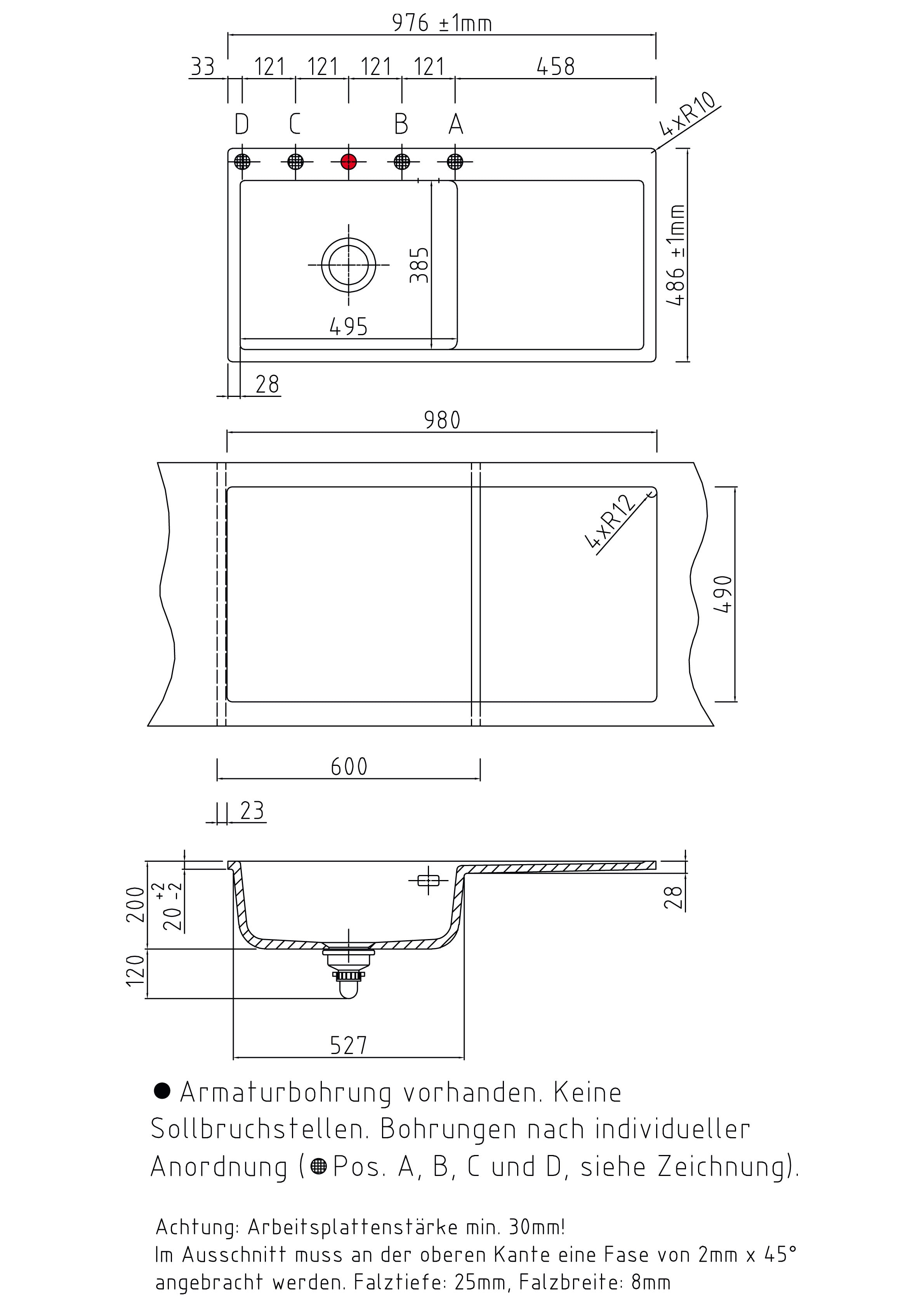 SYSTEMCERAM Einbauspüle Mera 100 SL/F Be. Li. Grönland 12 inkl. Excenterbetätigung, für 60 cm Schrankbreite, Spüle zum flächenbündigen Einbau, inkl. 4 x Eckradien R 10 Auflage Becken links 55650212