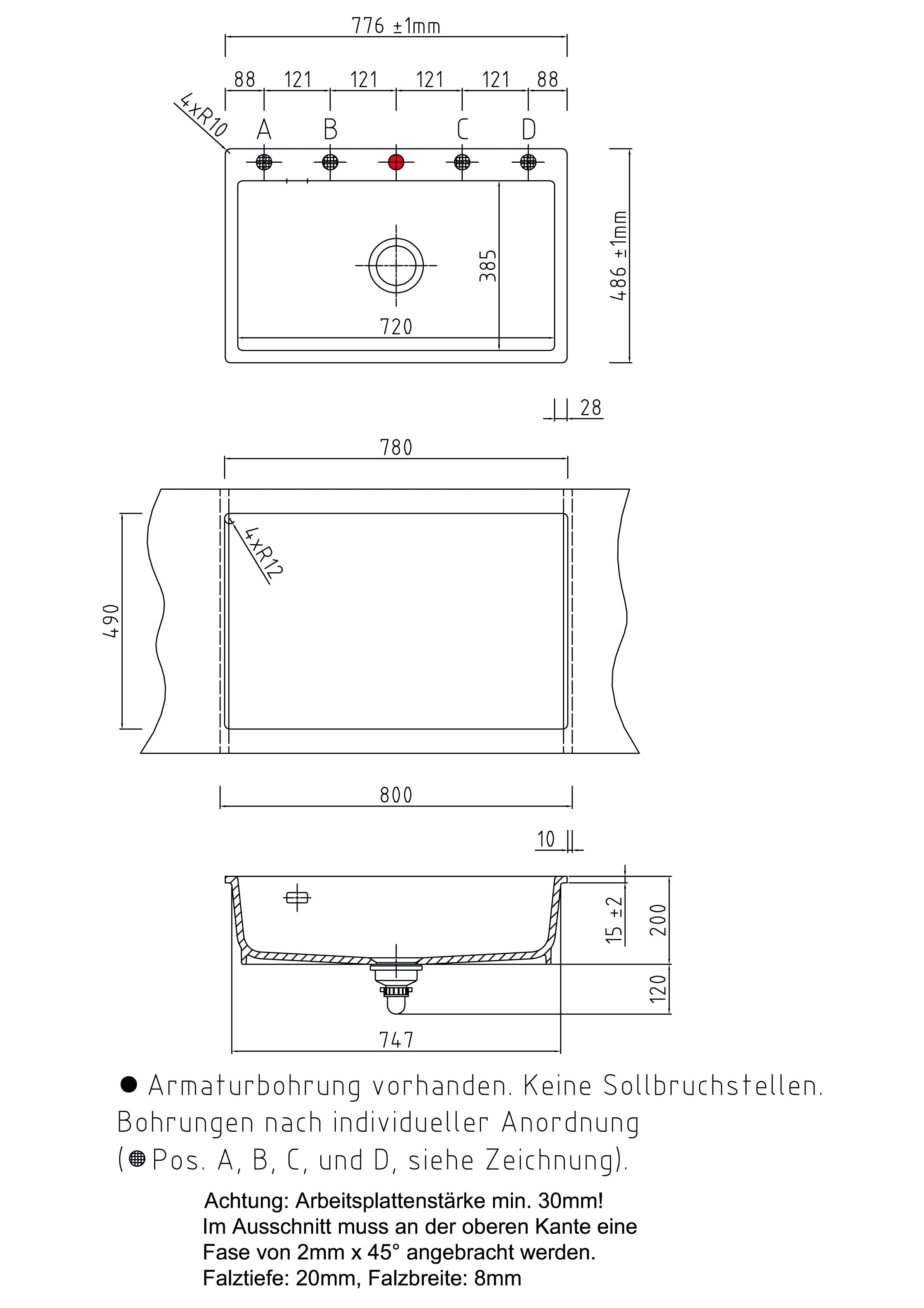 SYSTEMCERAM Einbauspüle Mera 80 F Nero 68 inkl. Excenterbetätigung, für 80 cm Schrankbreite, Spüle zum flächenbündigen Einbau, inkl. 4 x Eckradien R 10 Auflage keine Beckenlage 55700268