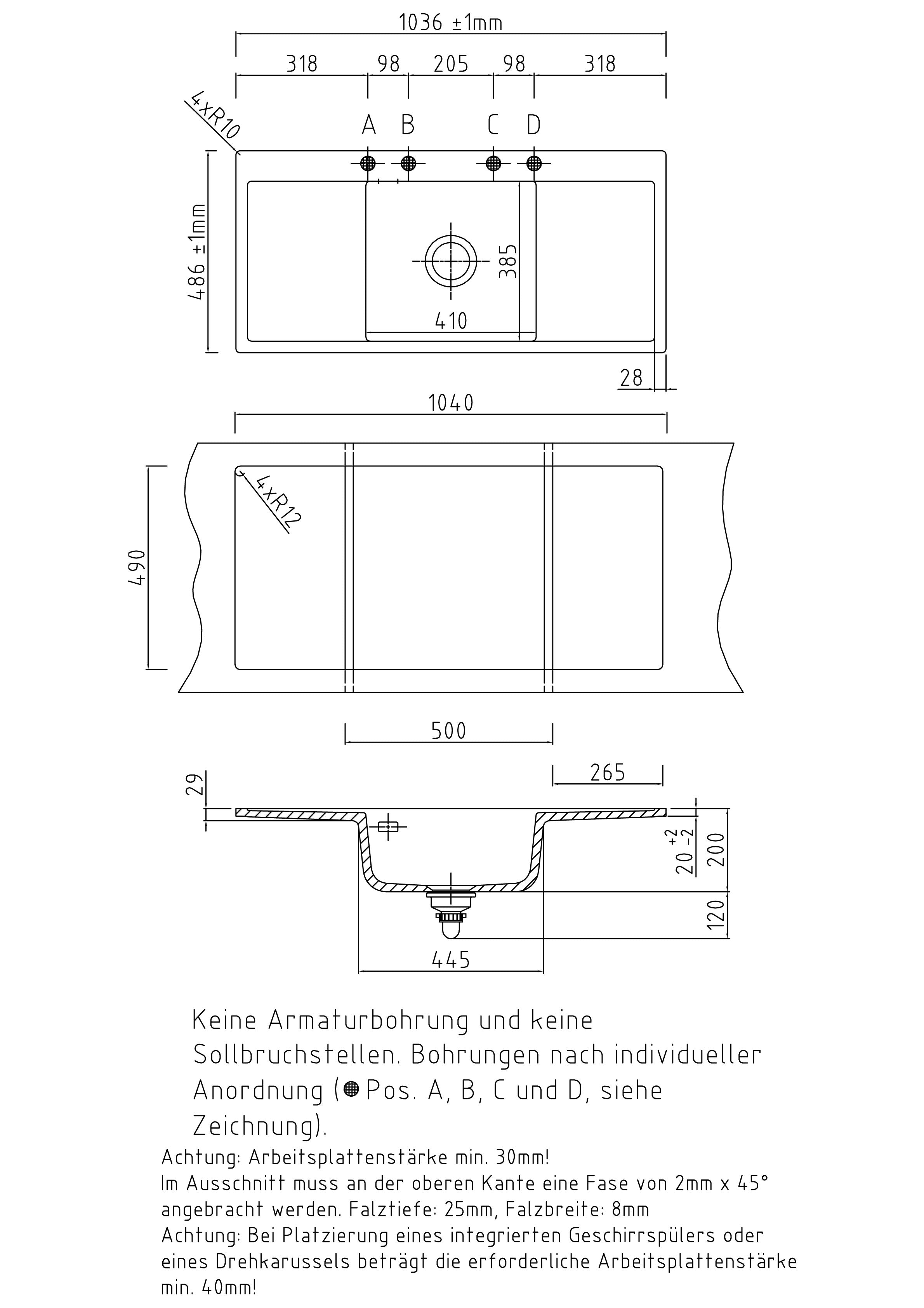 SYSTEMCERAM Einbauspüle Mera Middle F Grönland 12 inkl. Excenterbetätigung, für 50 cm Schrankbreite, Spüle zum flächenbündigen Einbau, inkl. 4 x Eckradien R 10 Auflage keine Beckenlage 55730212