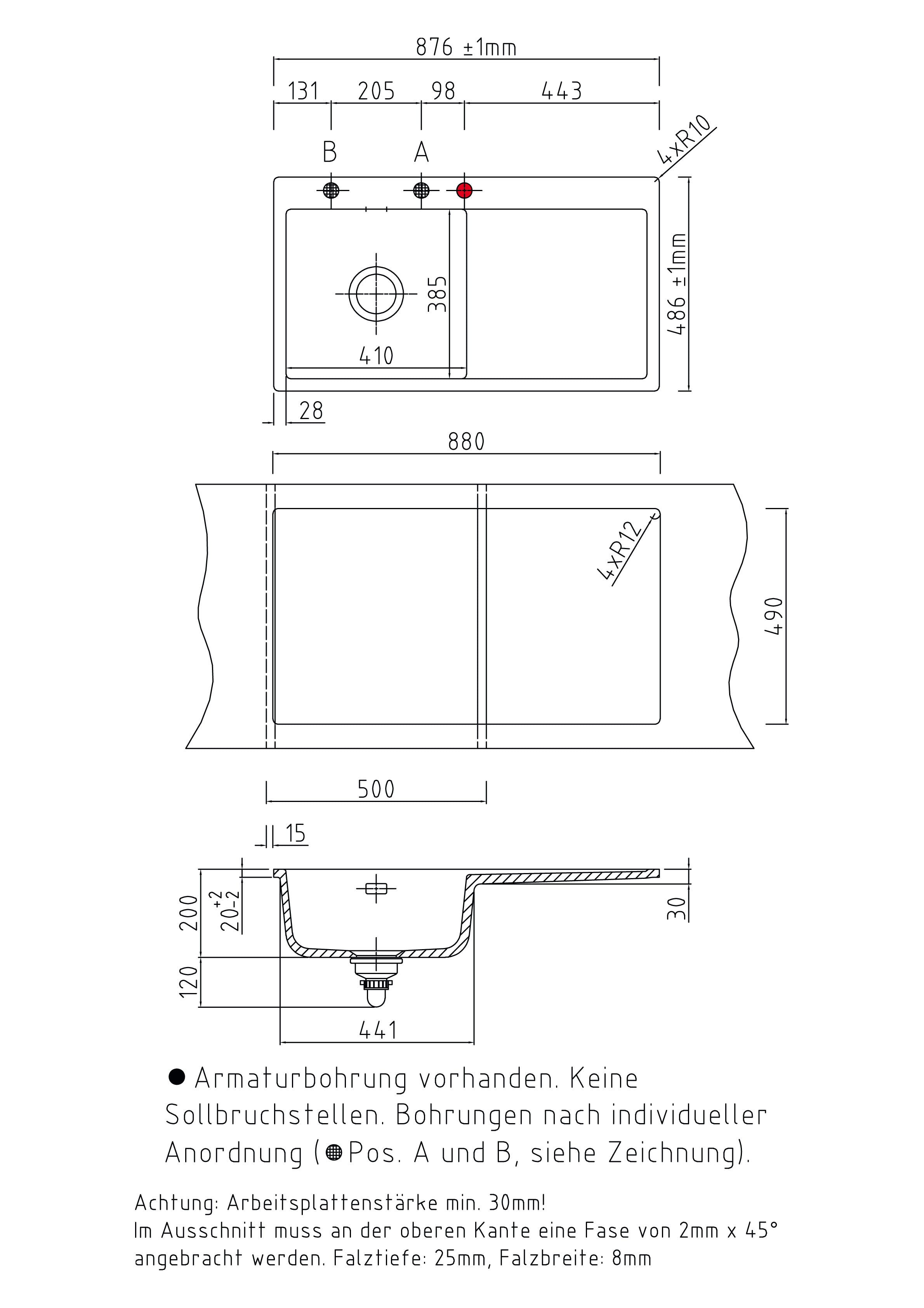 SYSTEMCERAM Einbauspüle Mera 90 F Be. Li. Grönland 12 inkl. Excenterbetätigung, für 50 cm Schrankbreite, Spüle zum flächenbündigen Einbau, inkl. 4 x Eckradien R 10 Auflage Becken links 55750212