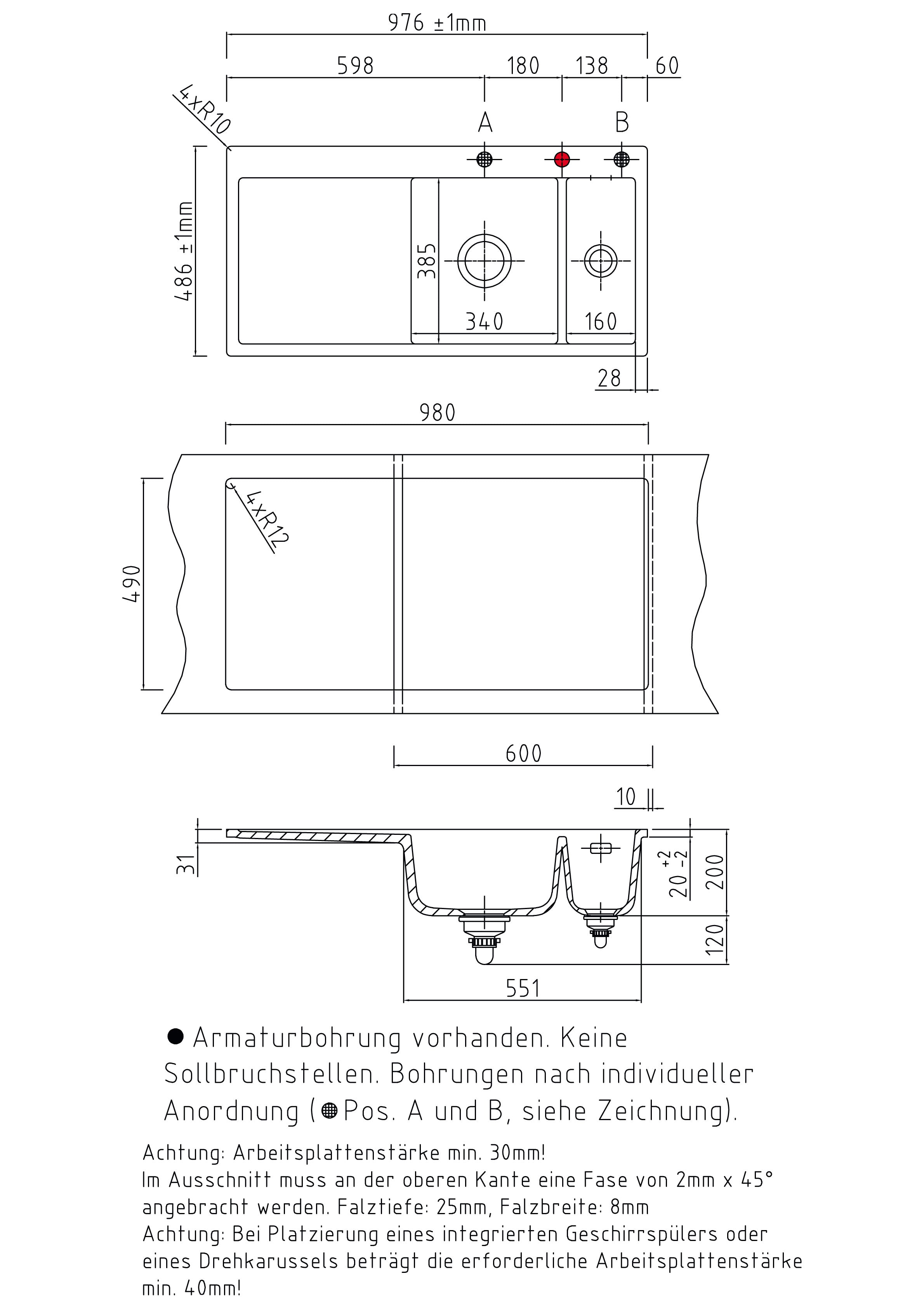 SYSTEMCERAM Einbauspüle Mera 100 F Be. Re. Lava 80 inkl. Handbetätigung, für 60 cm Schrankbreite, Spüle zum flächenbündigen Einbau, inkl. 4 x Eckradien R 10 Auflage Becken rechts 55760180