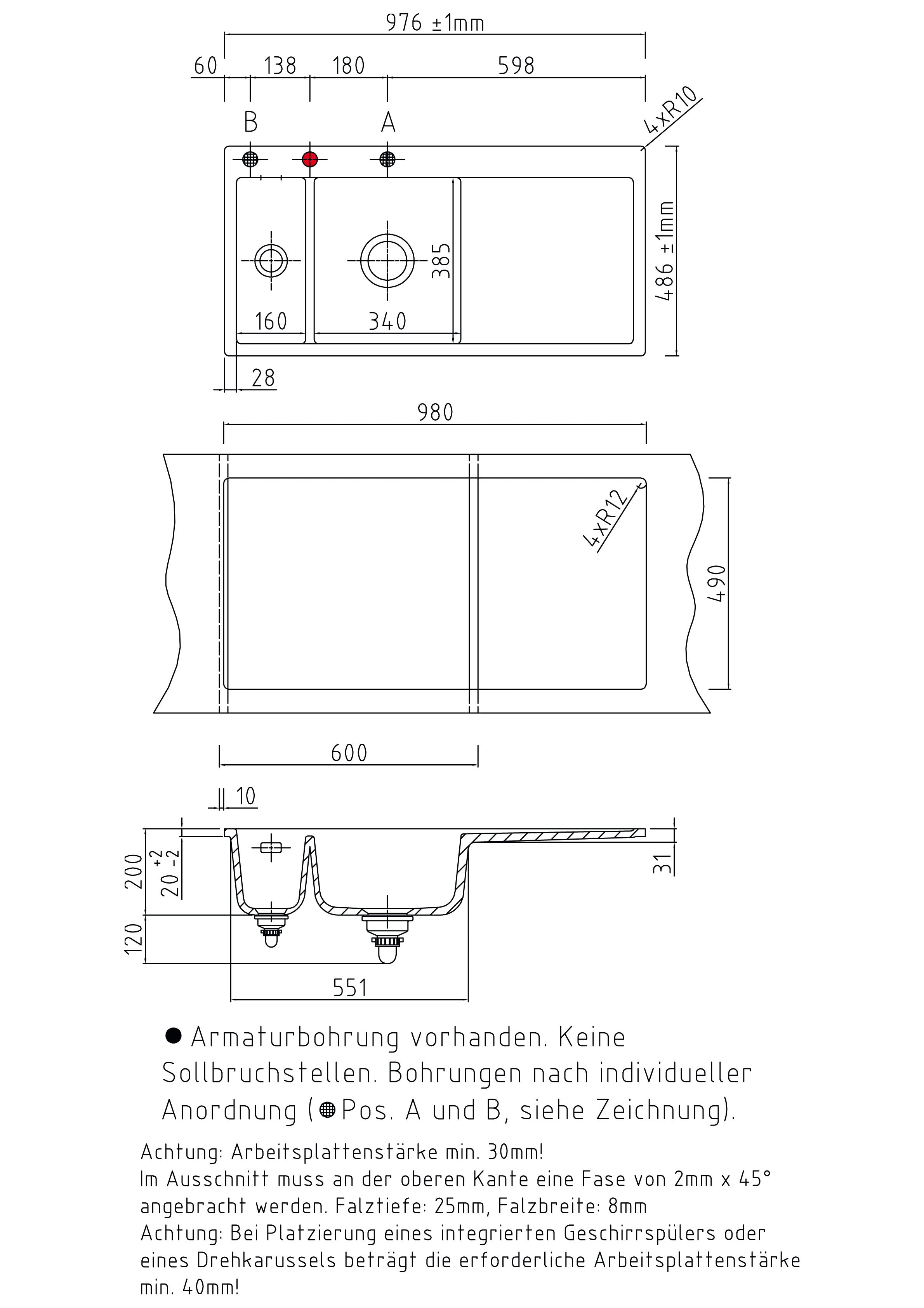 SYSTEMCERAM Einbauspüle Mera 100 F Be. Li. Nigra 87 inkl. Excenterbetätigung, für 60 cm Schrankbreite, Spüle zum flächenbündigen Einbau, inkl. 4 x Eckradien R 10 Auflage Becken links 55770287