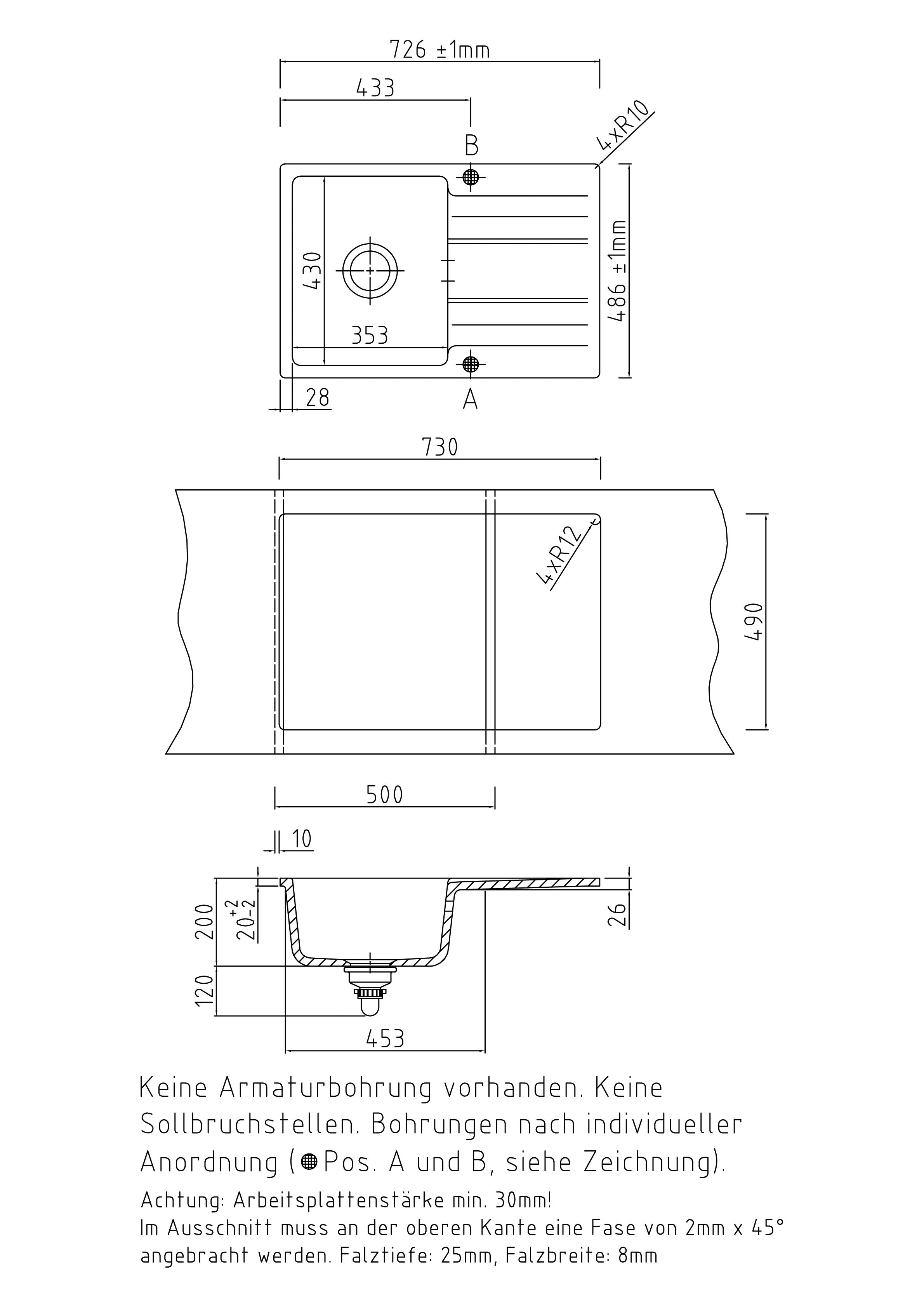 SYSTEMCERAM Einbauspüle Genea 75 F Fango 23 inkl. Handbetätigung, für 50 cm Schrankbreite, Spüle zum flächenbündigen Einbau, inkl. 4 x Eckradien R 10 Auflage reversibel 55900123