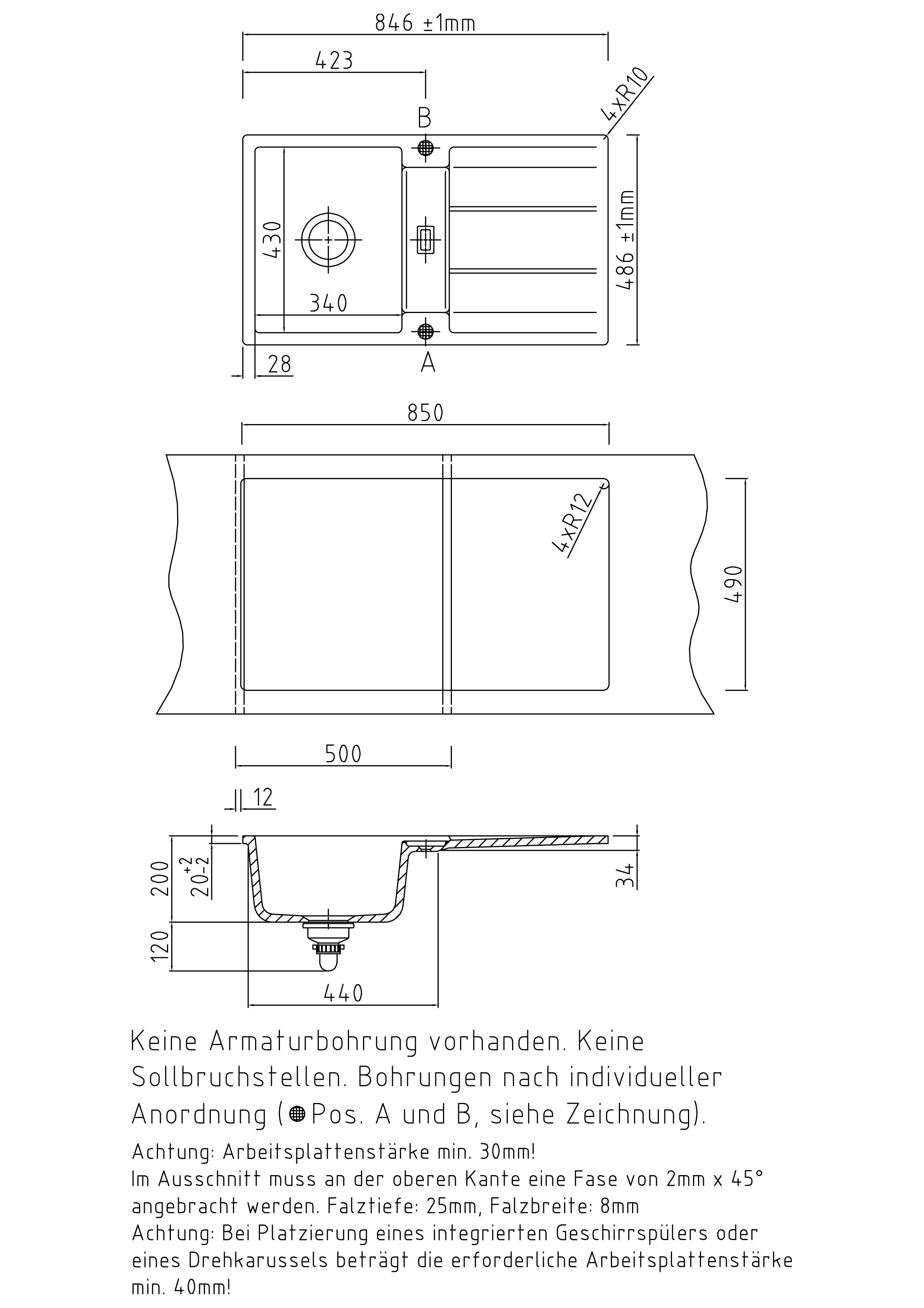 SYSTEMCERAM Einbauspüle Genea 87 F Fango 23 inkl. Handbetätigung, für 50 cm Schrankbreite, Spüle zum flächenbündigen Einbau, inkl. 4 x Eckradien R 10 Auflage reversibel 55910123